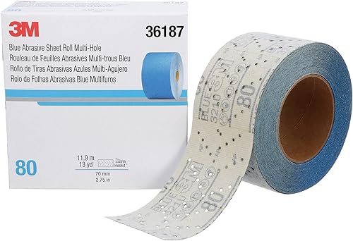 3M Hookit - Rollo de hoja abrasiva azul, 36187, multiagujero, 2.75 pulgadas x 13 yardas, grado 80+, papel de lija automotriz para eliminación de