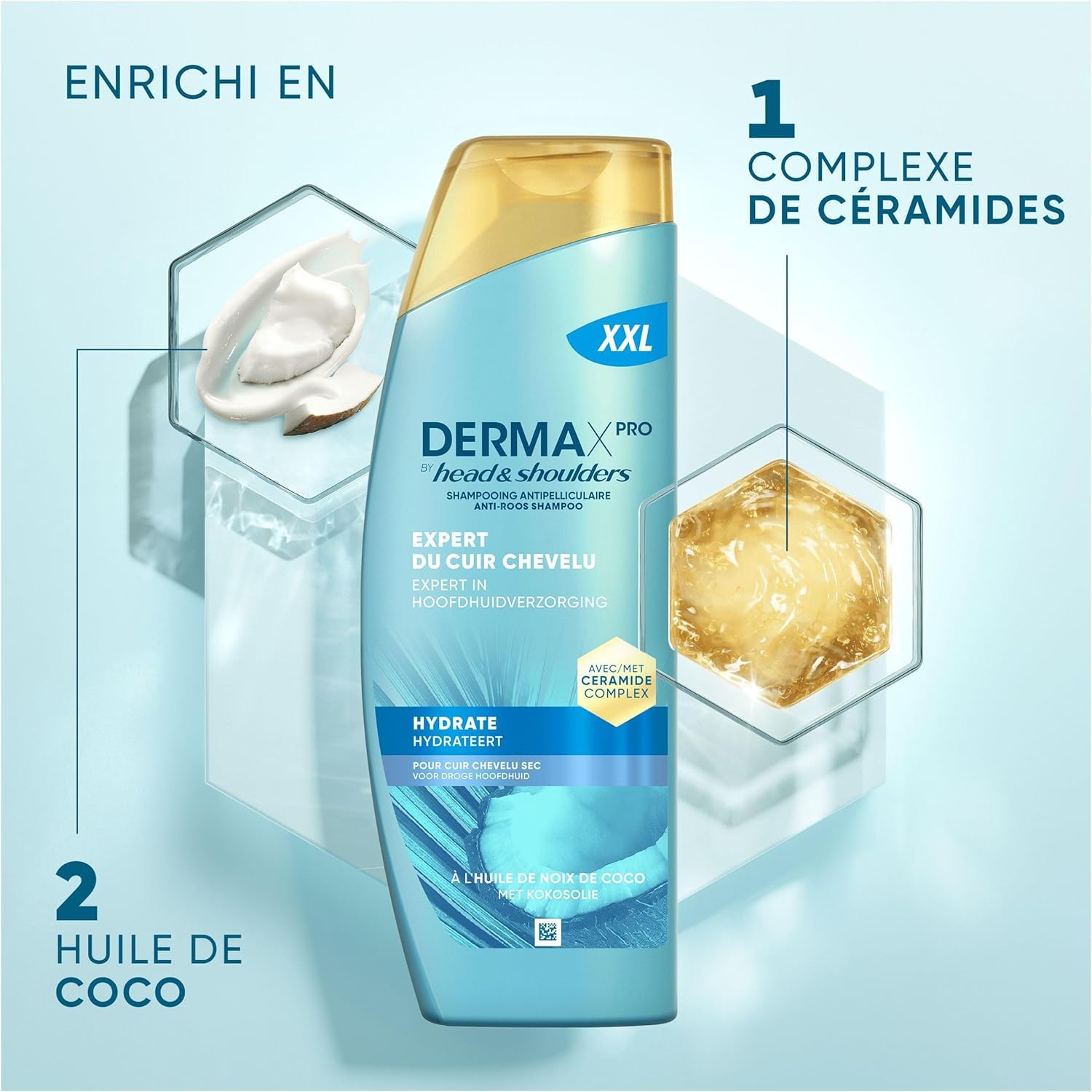 Head & Shoulders DermaXPro Hydrate Shampoing Antipelliculaire 2x500ml Avec Huile De Coco Et Complexe De Céramides, Cuir Chevelu Sec, Aide À Renforcer La Barrière Cutanée, 72H D’Hydratation