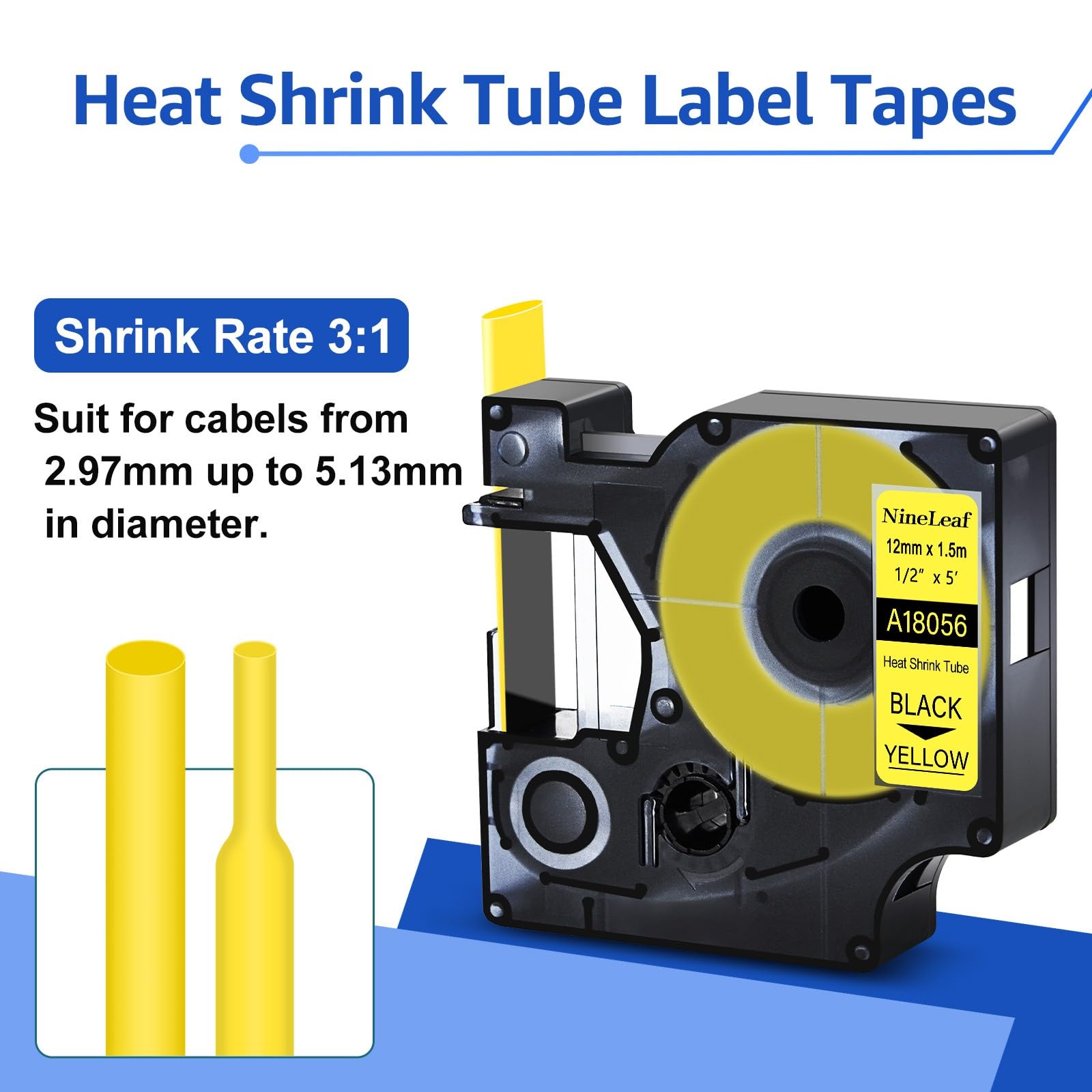 NineLeaf kompatibel für Dymo Rhino Industrie Schrumpfschlauch-Kabeletiketten 18056 S0718310 12mm x 1.5m Bänder Schwarz auf Gelb für Rhino 3000 4200 5000 5200 6000 3M PL150 Beschriftungsgerät, 30PK