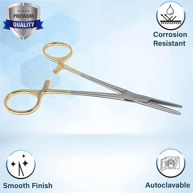 Foto 5 de 6 de Pinza de bloqueo hemostático para perros y mascotas, 14 cm, recto (mango dorado)