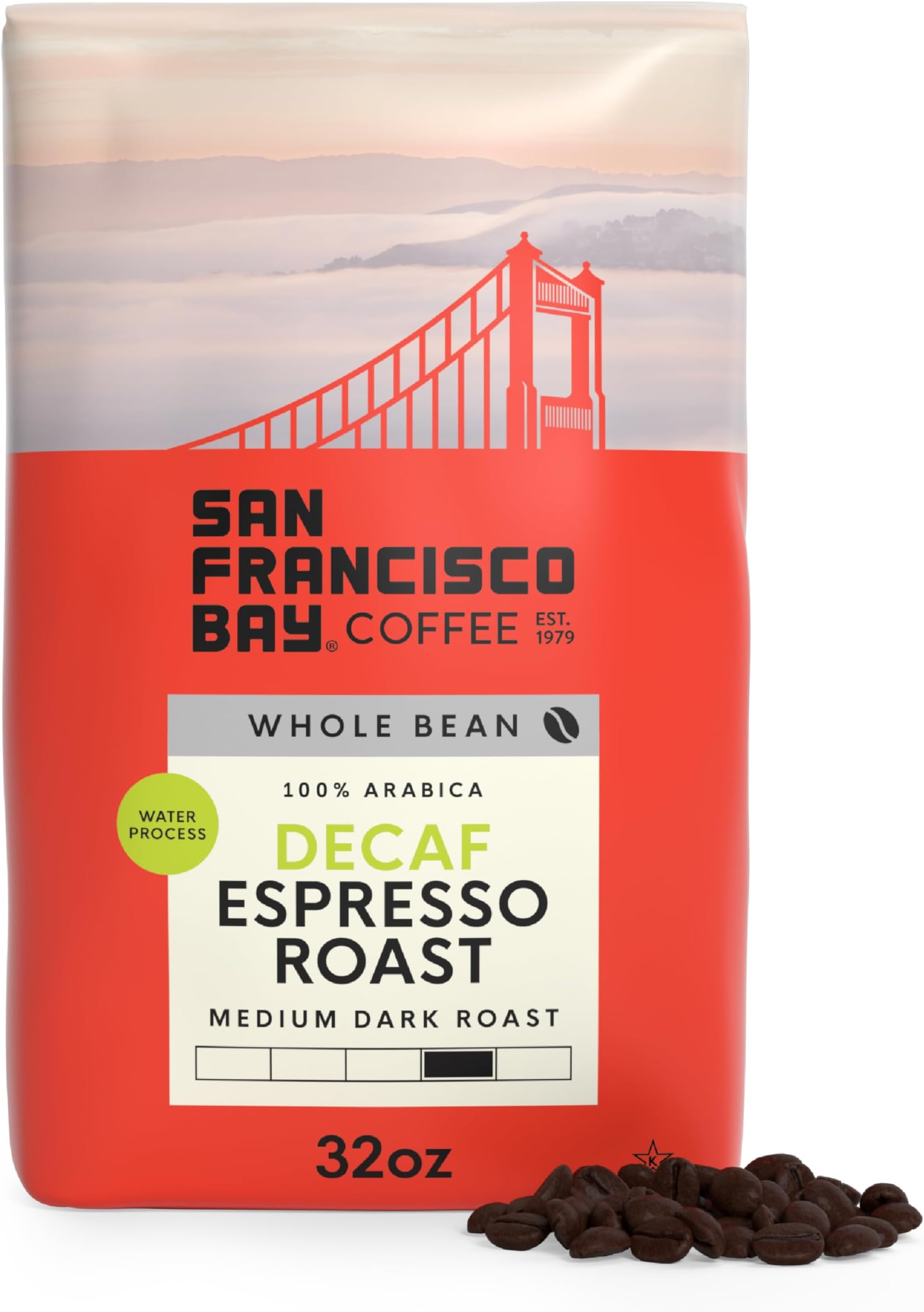 San Francisco Bay Decaf Whole Bean Coffee, Decaf Espresso Roast (32 oz Bag), Medium-Dark Roast Coffee Beans, Swiss Water Process