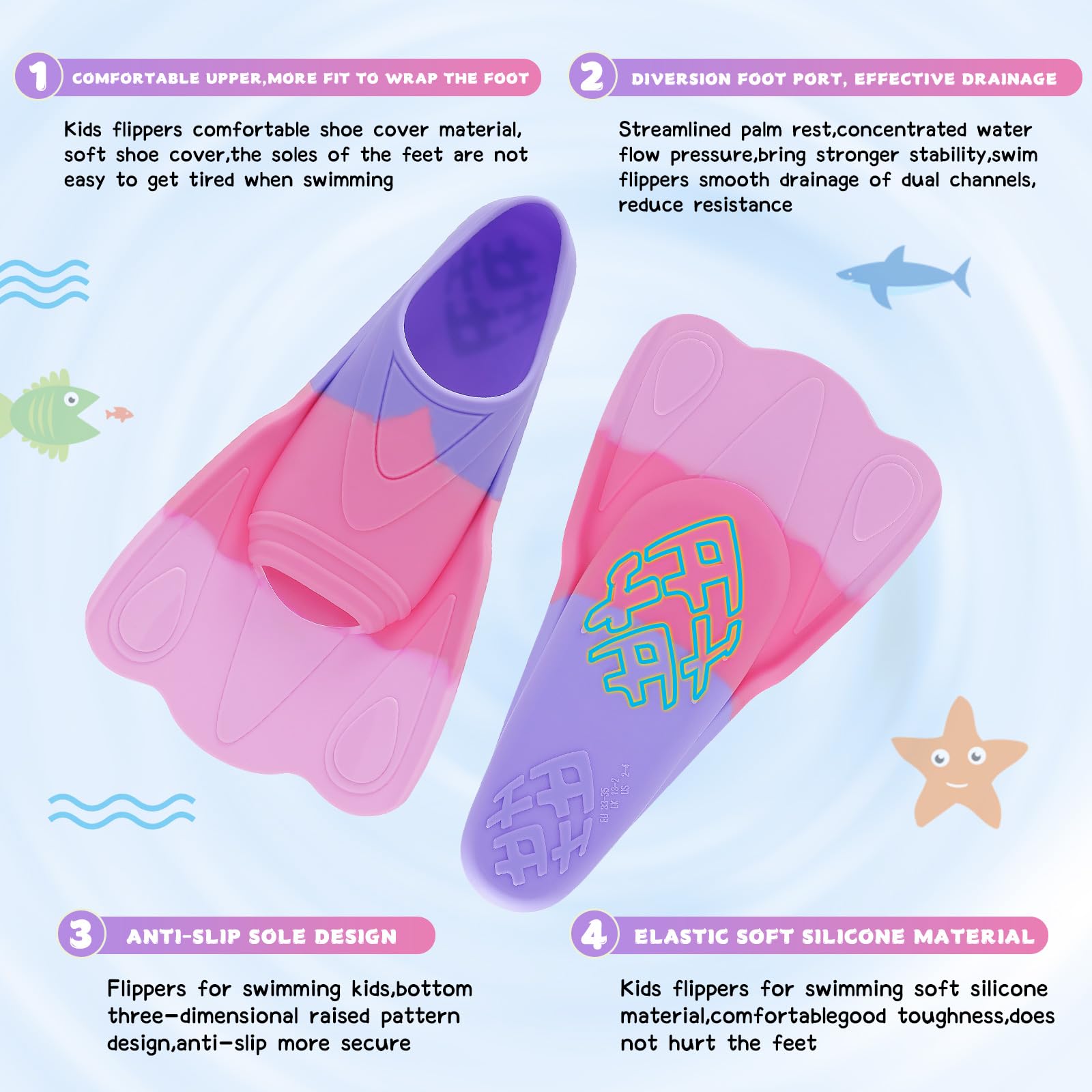 Kids Swim Training Fins, Comfortable Silicone Short Fins for Lap Swimming Flippers, Travel Size Flipper for Kids with Mesh Bag