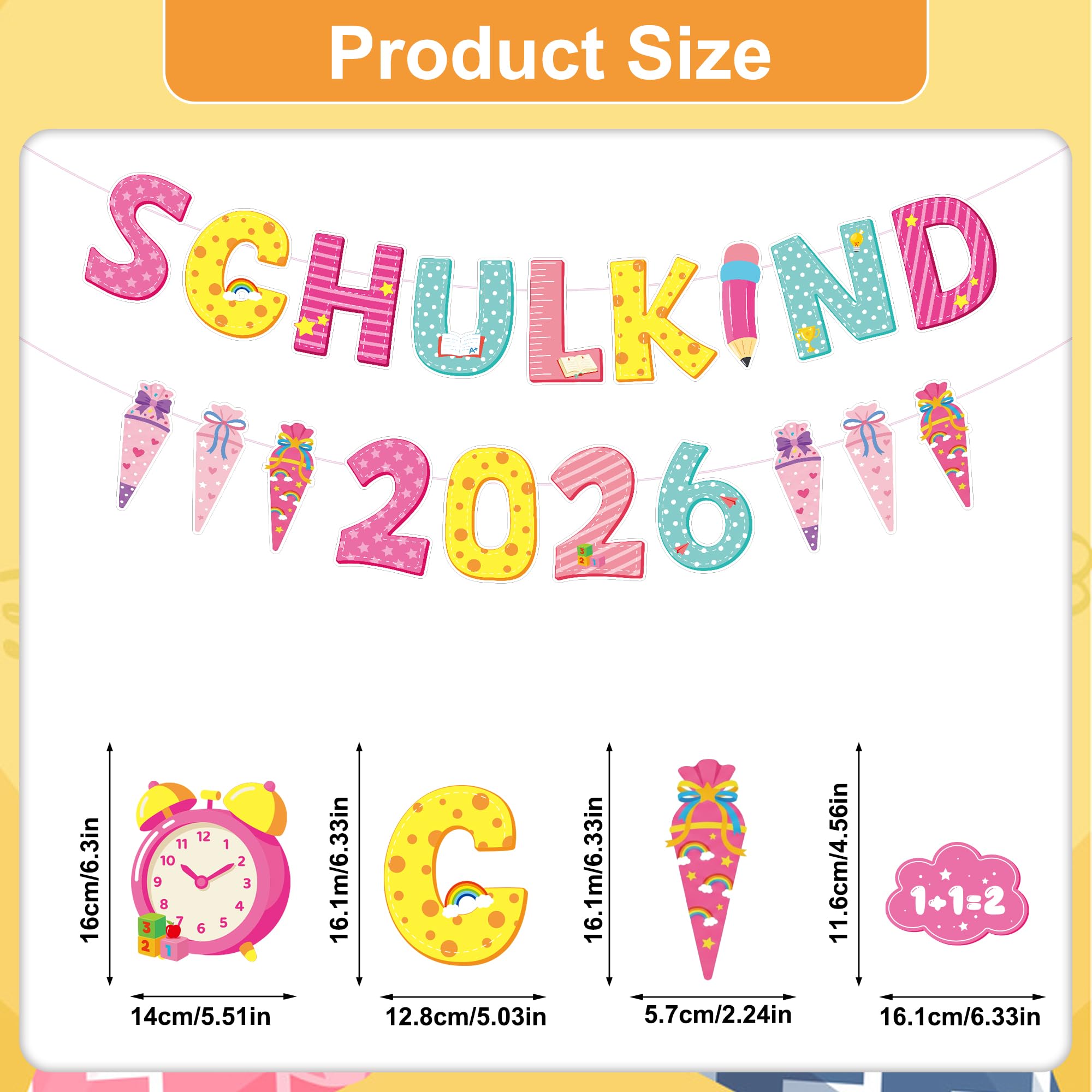 Einschulung Deko 2026 Schulkind Banner Girlande mit Hängedeko, Einschulung Mädchen Dekoration mit Schultüte Schulanfang Party Deko Set (Rosa Gelb)