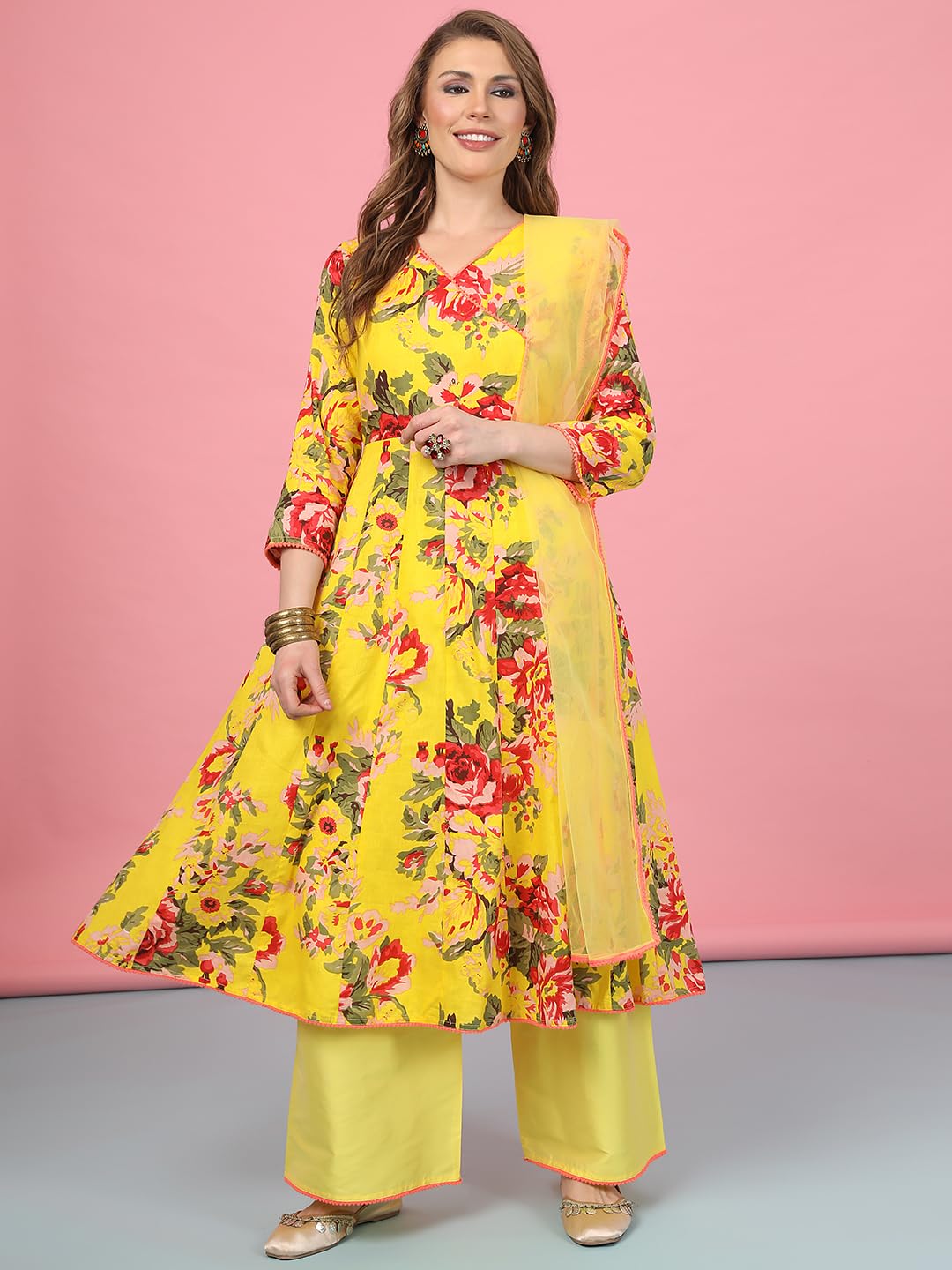 A.T.U.N. (All Things Uber Nice) Women Floral Printed Angrakha Pure Cotton Kurta With Palazzos & Dupatta