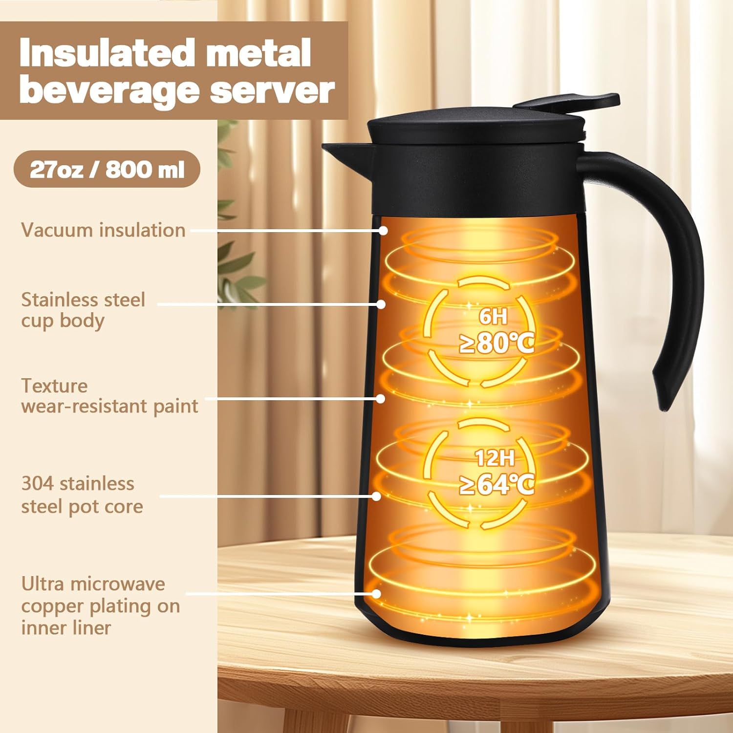 2 Pcs 27oz Thermal Coffee Carafe Stainless Steel Coffee Pot for Keeping Hot/cold Insulated Double Walled Vacuum Tea Pot with Press Button Drink Beverage Dispenser for Milk Tea(Black) - Image 2