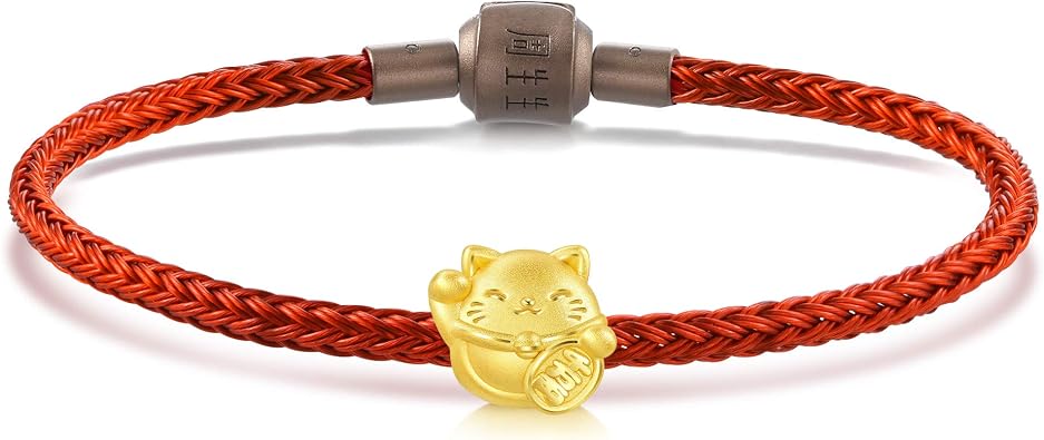 CHOW SANG SANG 999 24K Gold Charme Maneki Neko Lucky Cat Mini Charm Bracelet for Women 92307C