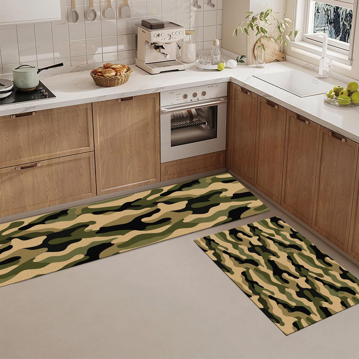 Juego De 2 De Alfombras De Cocina Geometría De Camuflaje Abstracta | Alfombra Antideslizante Lavable para Cocina, Cubo De Onda Retro Conjuntos Absorbentes para Pasillo Entrada, Verde Militar
