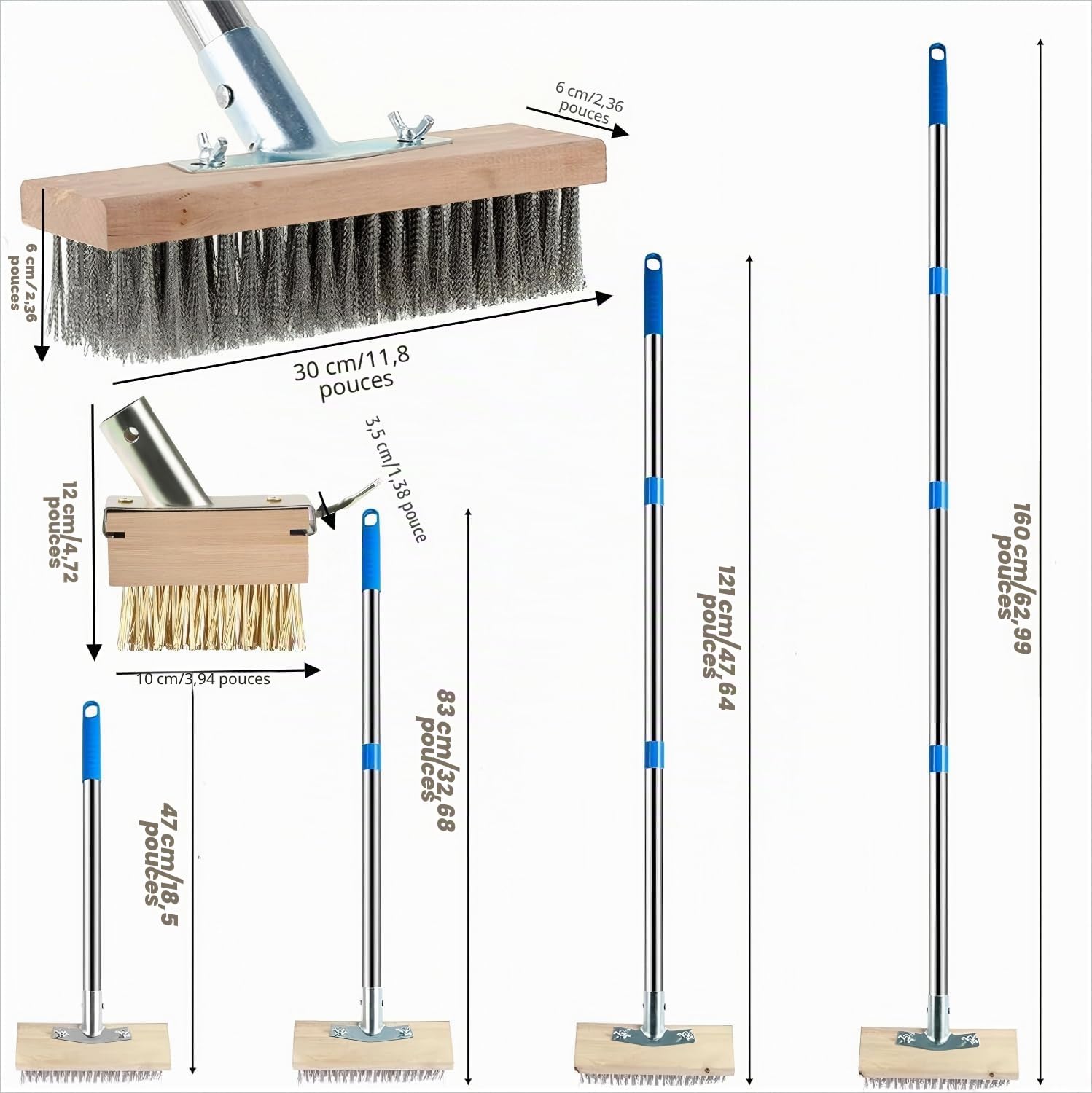Lot de 2 balais métalliques avec manche - 160 cm - Pour désherbeur de mousse - En acier - 2 têtes de brosse en fil métallique avec grattoir - Robuste - 30 cm - Pour mousse, jardin, terrasse, terrasse