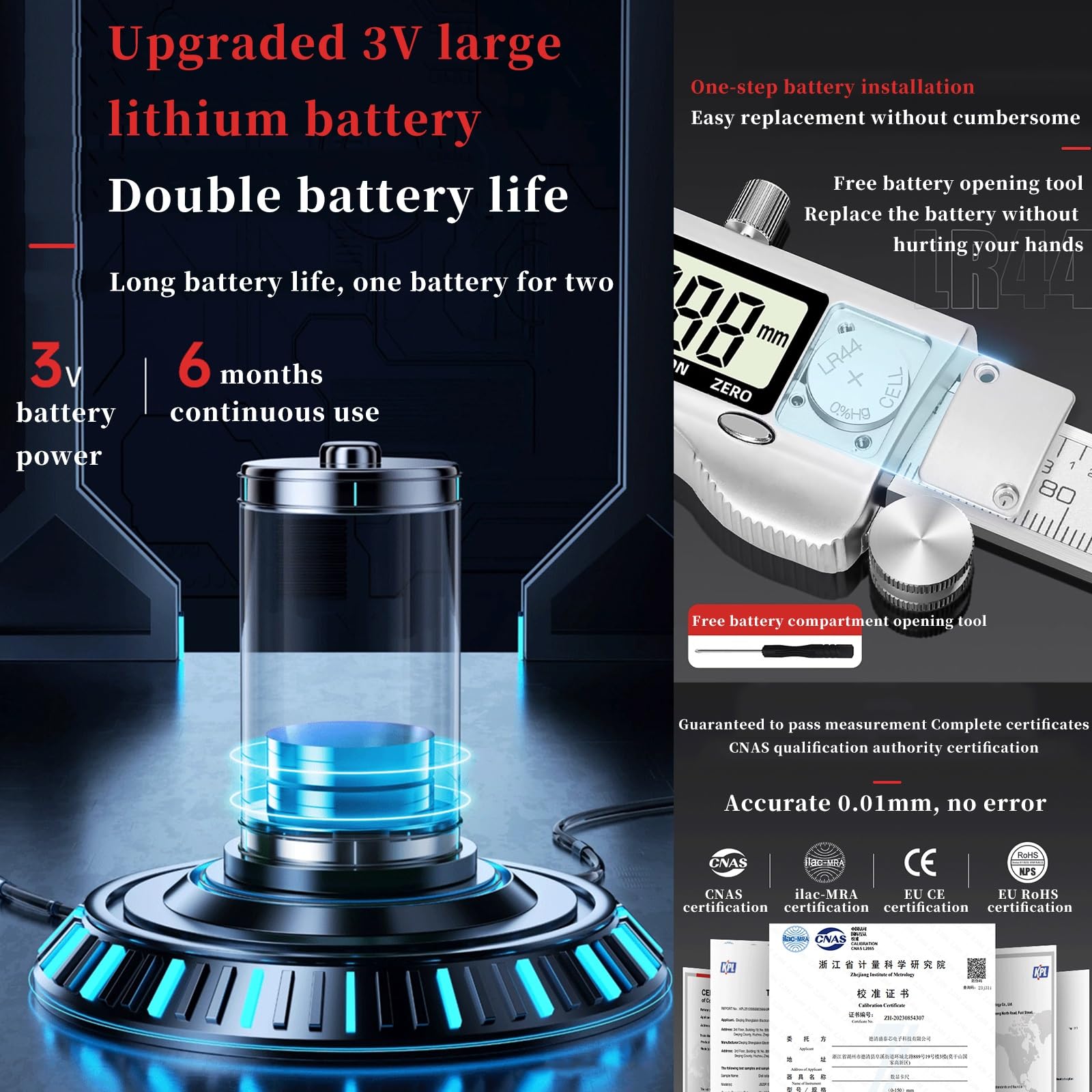 FORRTY Calibrador Digital 0,01mm Alta Precisión Acero Inoxidable IP54 Resistente Al Agua Y Polvo Pantalla Retroiluminada Herramienta De Medición Electrónica for Joyería, Bricolaje, Industria(200mm)
