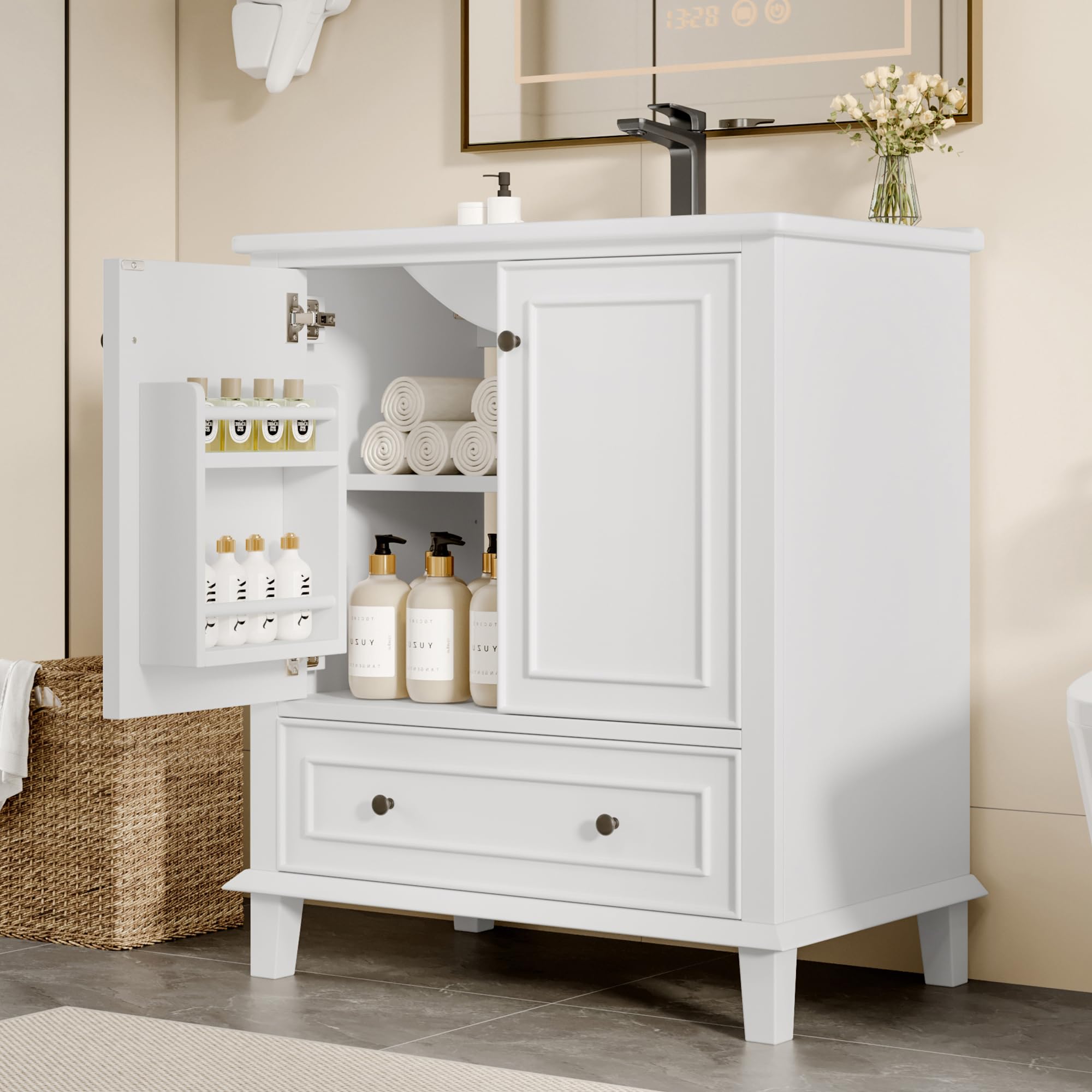 76x46x87cm Bodenstehender Badezimmerschrank mit Waschbeck,Waschtisch,Beine aus Massivholz,MDF-Material,integriertes Keramikwaschbecken (Weiß,76x46x87cm)