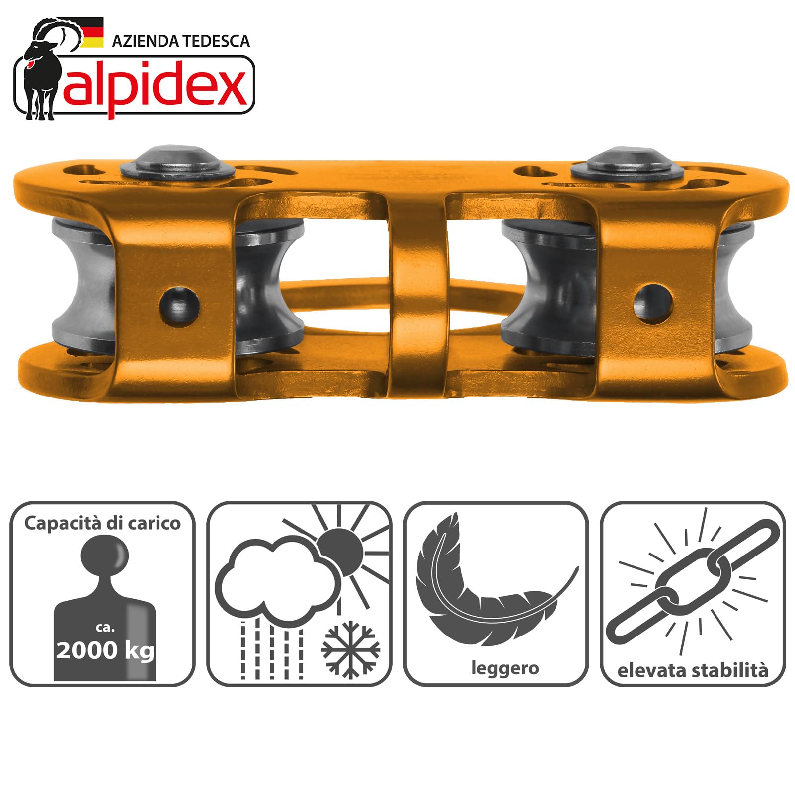 ALPIDEX Carrucola Tandem Pulley - Adatta a Corde di Tessuto con Un Fino a 13 mm e a Corde di Acciaio con Un Diametro Fino a 12 mm
