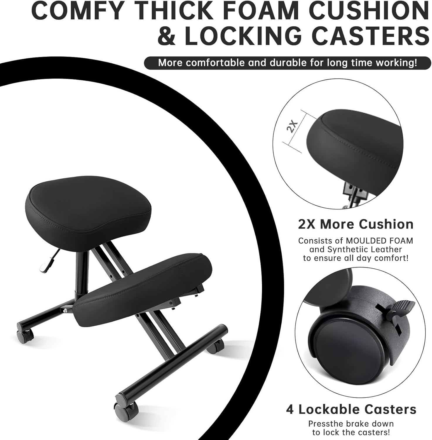 PU Leather Ergonomic Kneeling Chair, Adjustable Home and Office Stool with Thick Pads and Flexible Lockable Brake Wheels for Back Pain Relief (Black)