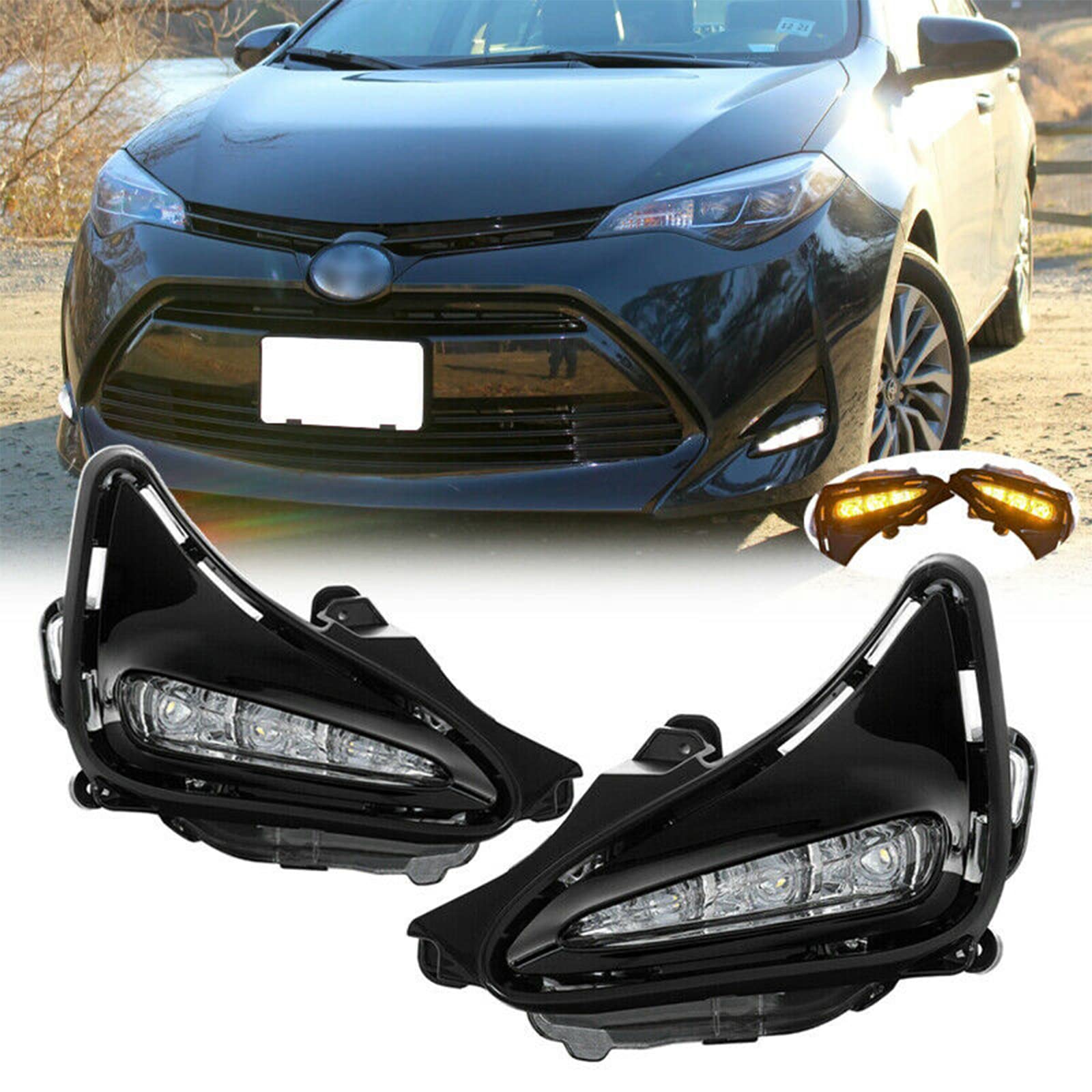 YLT AUTO Front Bumper Running Fog Light Pair Replacement Kit LH+RH Turn Signal Clear Mirror with LED Bulb for 2017 2018 2019 Toyota Corolla