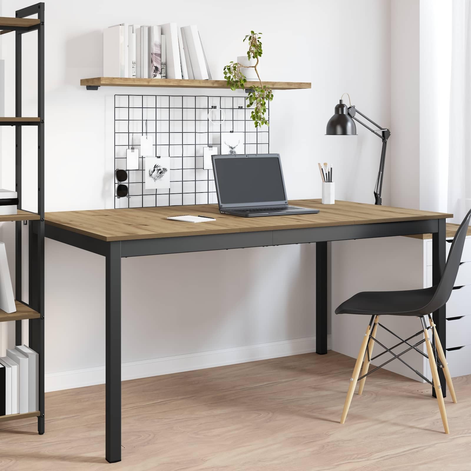 Mesa de comedor de 150 x 78 x 75 cm, marco de metal rectangular, mesa de cocina robusta con superficie de madera, mesa de comedor estable para comedor, diseño moderno, ahorra espacio y es
