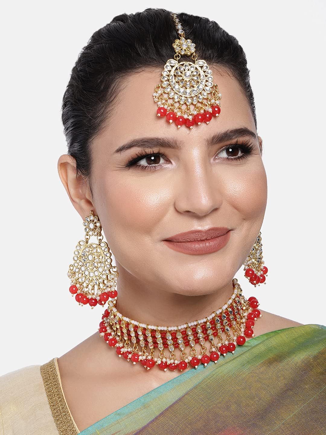 Aheli Kundan Choker Necklace Set with Earrings Manng Tikka Set Indian Traditional Wedding Bharatanatyam jewellery set Gift for Women