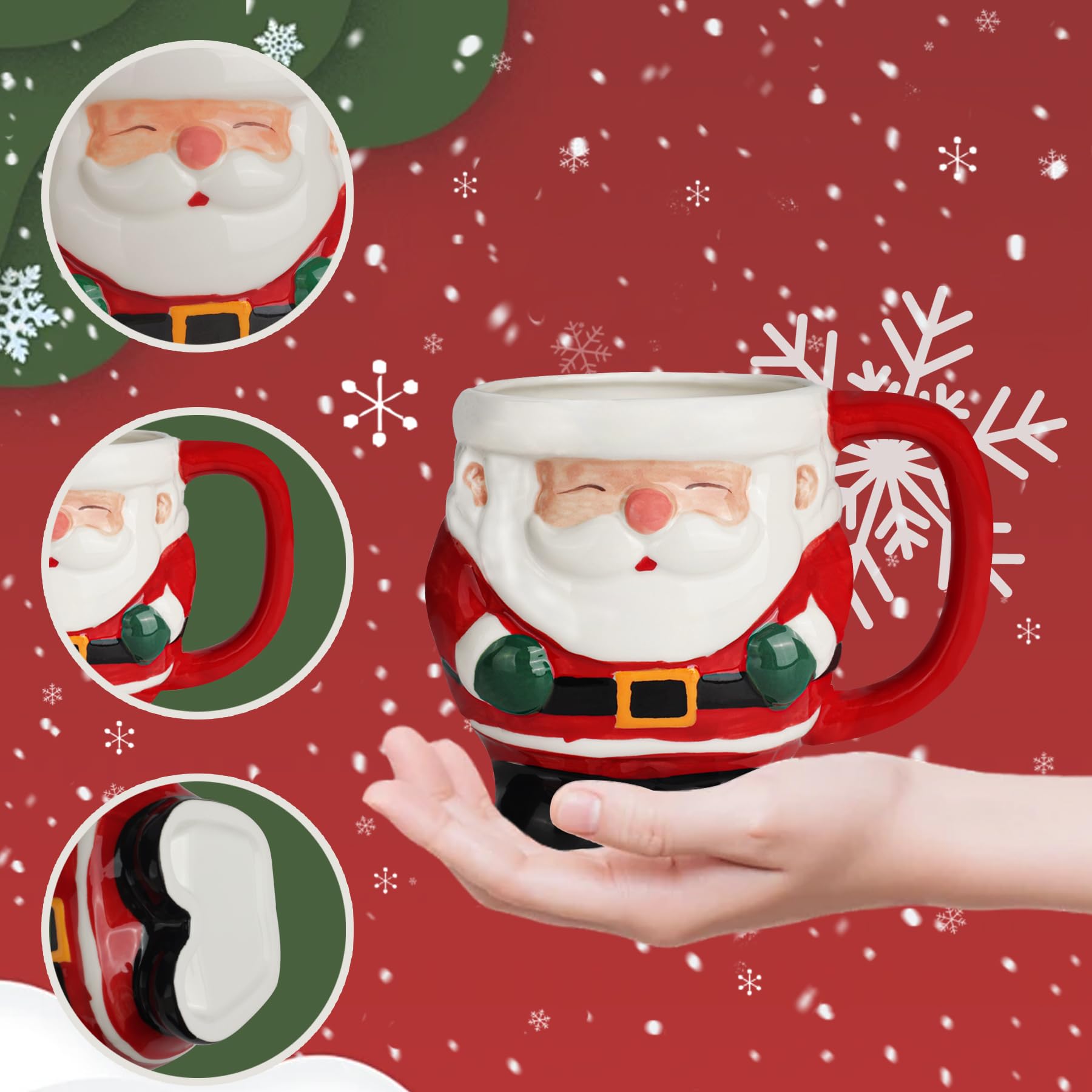 Lot de grandes tasses à café de Noël en céramique de 59 à 590 ml pour cappuccino, café, latte, boisson – Joli mug Père Noël fait à la main – Cadeau de vacances et décoration de Noël