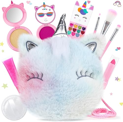 PERRYHOME Juego de maquillaje de unicornio para niños, lavable, regalo para niña con monedero pequeño, kit de maquillaje cosmético real, no tóxico,