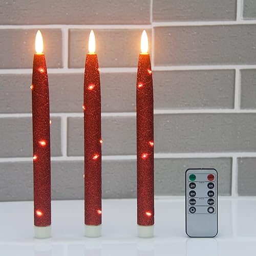 Velas LED sin llama con cuerda de luz de estrellas incrustada, con temporizador remoto, llama parpadeante 3D, velas cónicas falsas para ventana,