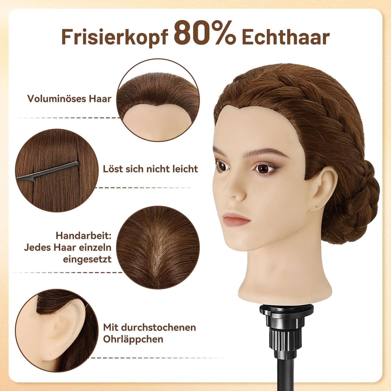 TwoWin 60 cm Frisierkopf 80% Echthaar, 24 Zoll Übungskopf Friseur | Friseurkopf Übungskopf Trainingskopf Friseur für Friseure für Styling & Friseurpraxis mit DIY Haarstyling Set (Braun)