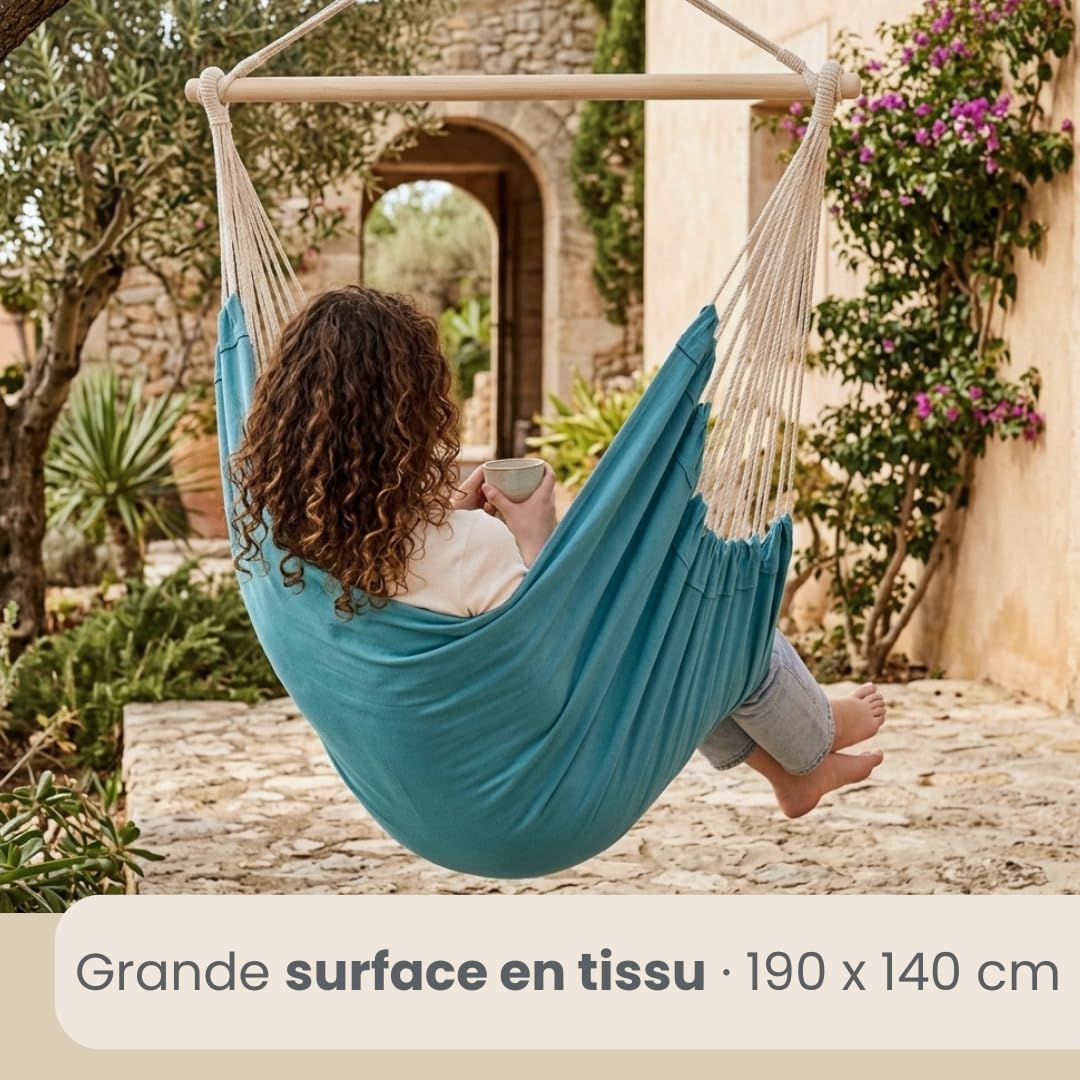 AMANKA Hamac XXL pour Toute la Famille Poids Max. supporté 150 kg siège de Toile Suspendue 190x140cm 100% Coton Hamac pour Le Jardin pour la Sieste Couleur Bleu Pacifique