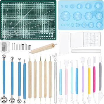 NBEADS 31Pcs Clay Sculpting Tools Kits, Polymer Modeling Clay Sculpting Tools Wooden Handle Iron Tip Dotting Tools Plastic Manual Mud Extractor 304 Stainless Steel Clay Cutters PP Cutting Mat Pad