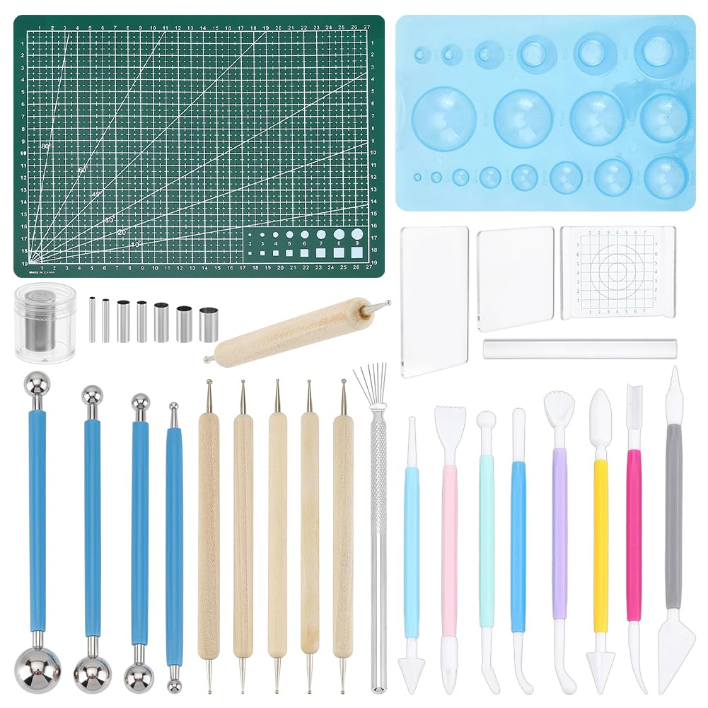 NBEADS 31 Stück Modelliermasse-Werkzeug-Set, Modellierwerkzeuge Mit Holzgriff Und Eisen-Spitze, Malwerkzeuge, Manueller Tonauszieher 304 Edelstahl-Tonschneider PP-Schneidmatte