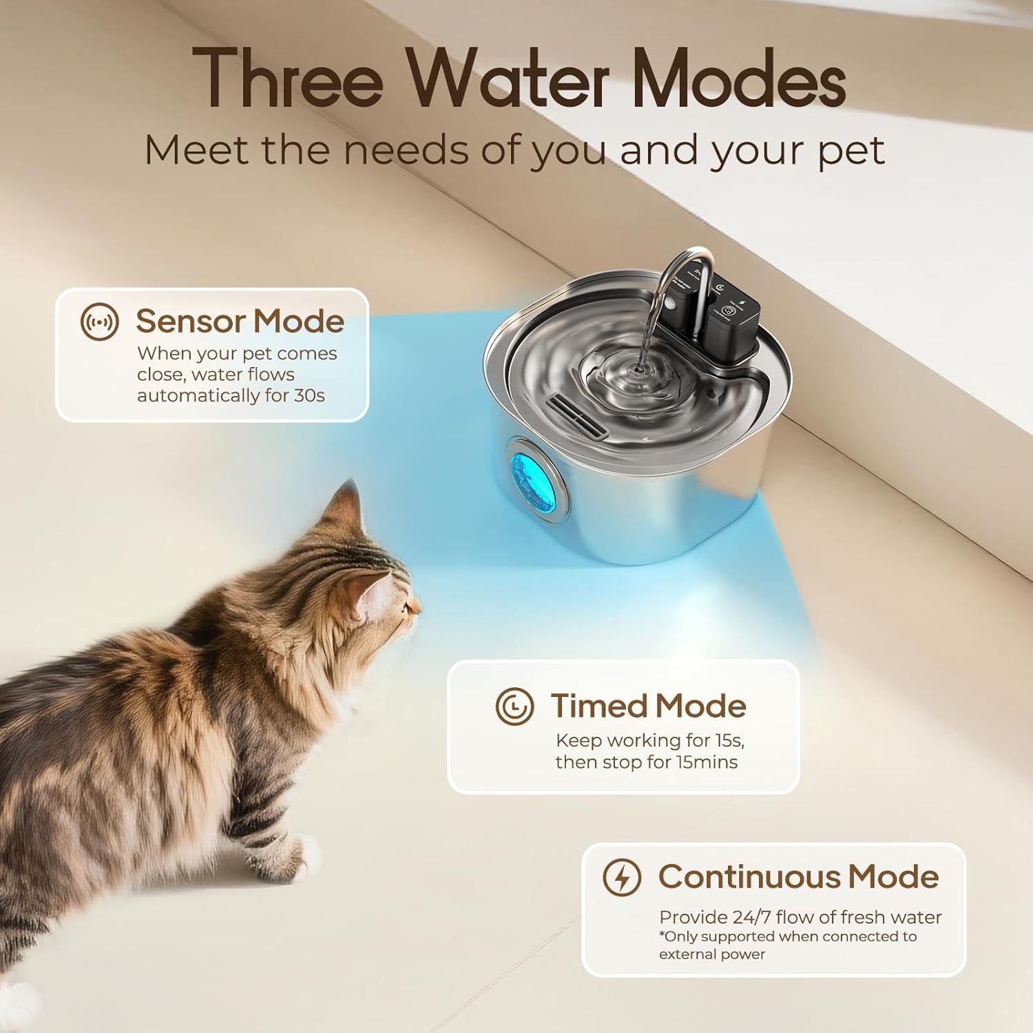 Edelstahl-Katzenbrunnen mit Wasserhahn-Design – 3,2L kabelloser Trinkbrunnen, 3 Betriebsmodi & 4-Stufen-Filter (inkl. 3 Filtern)