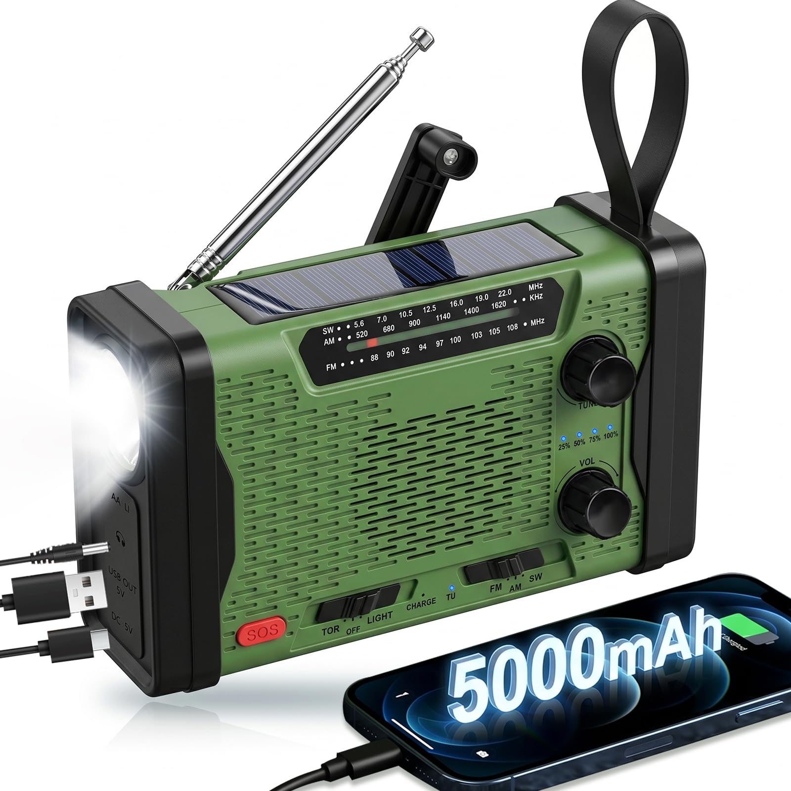 Kurbelradio mit 5000mAh Powerbank, Notfallradio AM/FM/SW Weltempfänger, Tragbares Radio Batteriebetrieben mit USB-C Handyladung, SOS-Alarm, LED Taschenlampe & Leselampe für Camping, Outdoor, Blackout