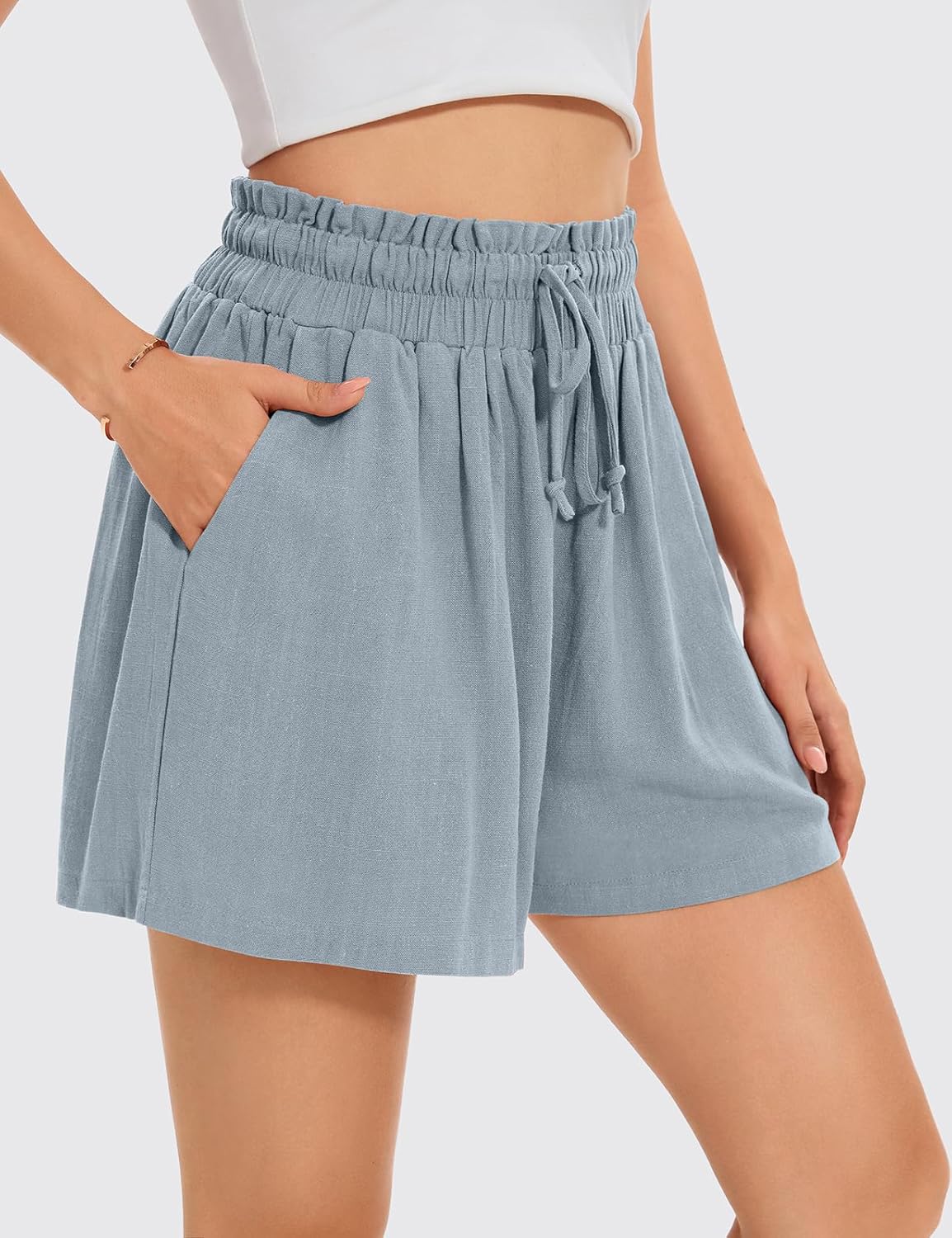 UEU Womens Linen Casual Shorts Summer Ruffle High Waisted Wide Leg Drawstring Beach Pleated Lounge Short with Pockets - Image 3