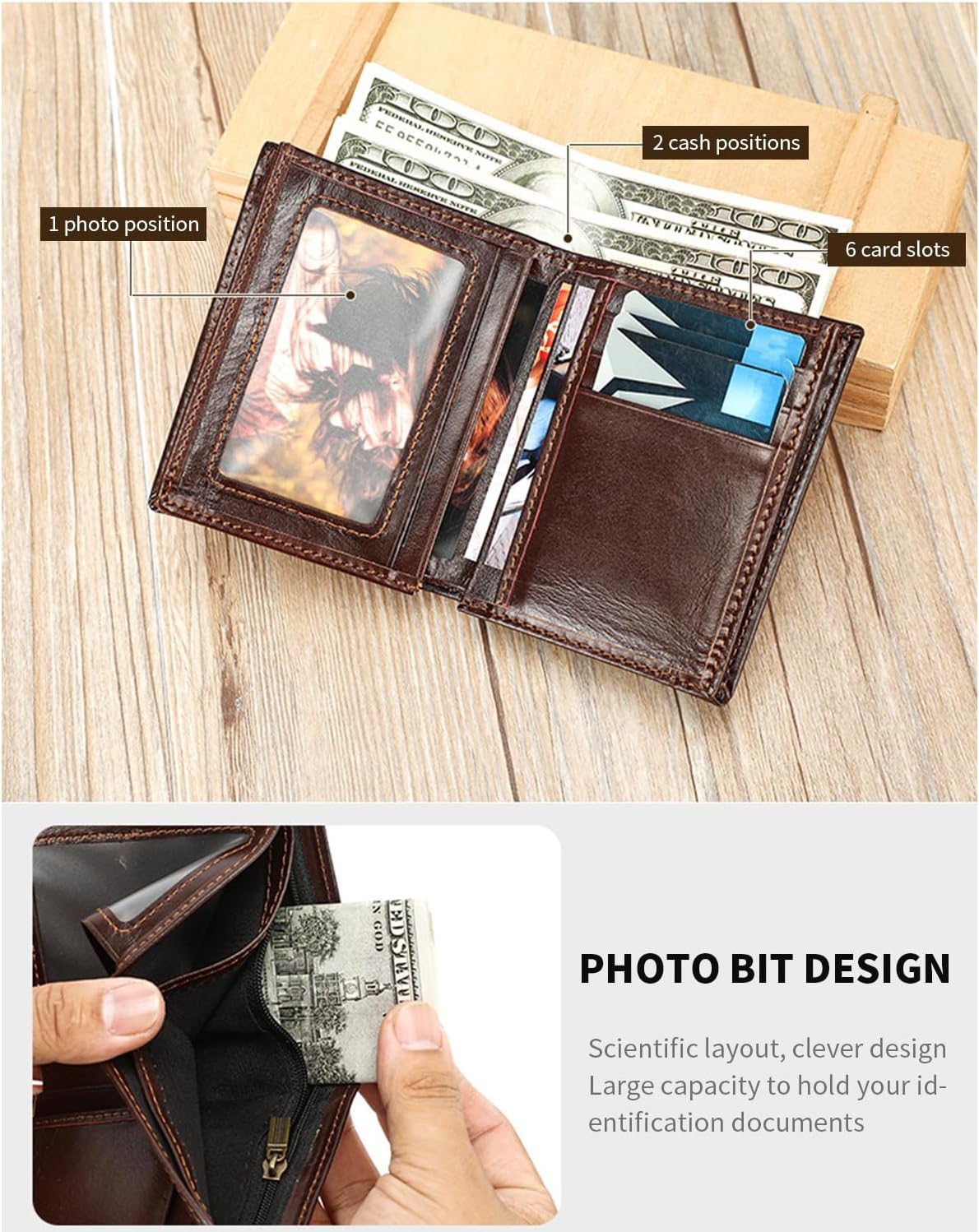 Genuine Leather Bifold Wallet, Ultra-Thin, RFID Shielding, Black, 6 Card Slots, ID Window (Coffee brown) - Image 4