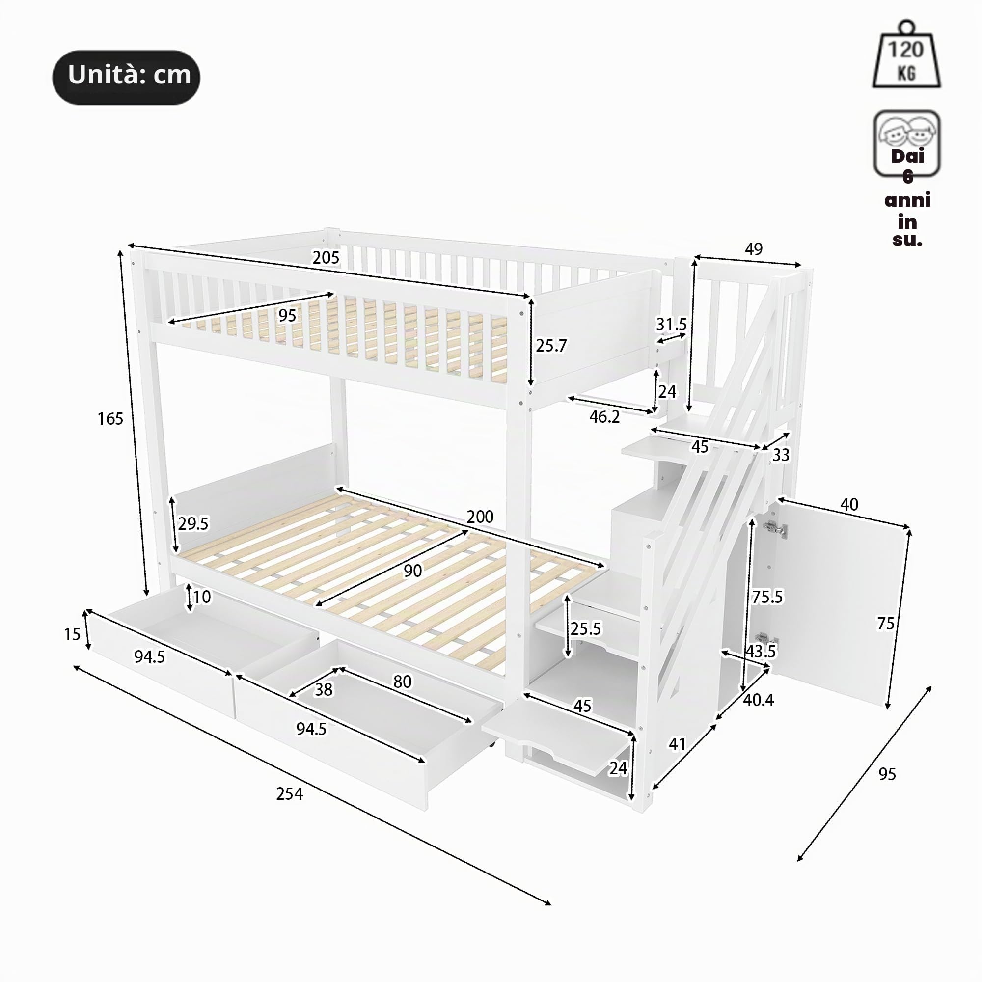 Letto a castello per 2 bambini, 90 x 200 cm, con scale, letto a soppalco con armadietti e protezione dalle cadute, con cassetto e scaffale, letti per ragazzi e ragazze, senza materasso (bianco