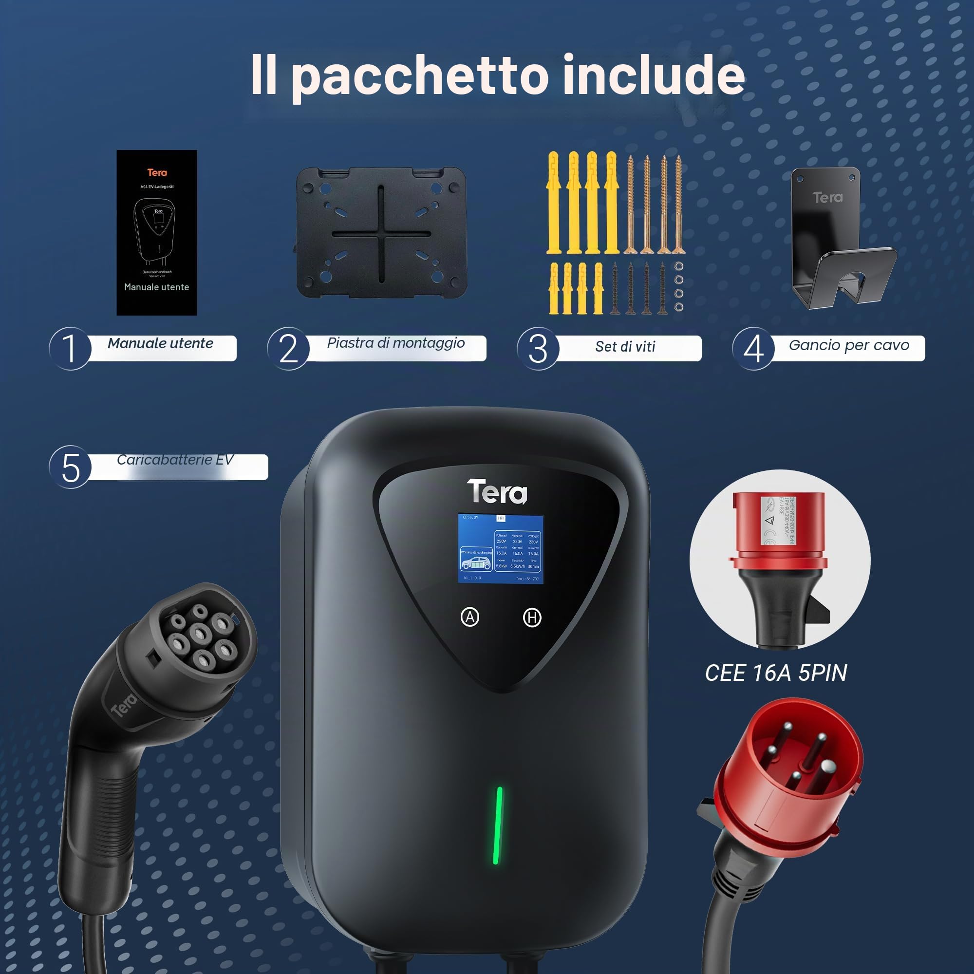 Tera Wallbox Caricatore EV tipo 2 11 kW stazione di ricarica domestica con supporto per cavo cavo di ricarica spina CEE a 3 fasi 16 A 5 pin cavo da 6,5 m per EVs e PHEV modello A04, nero