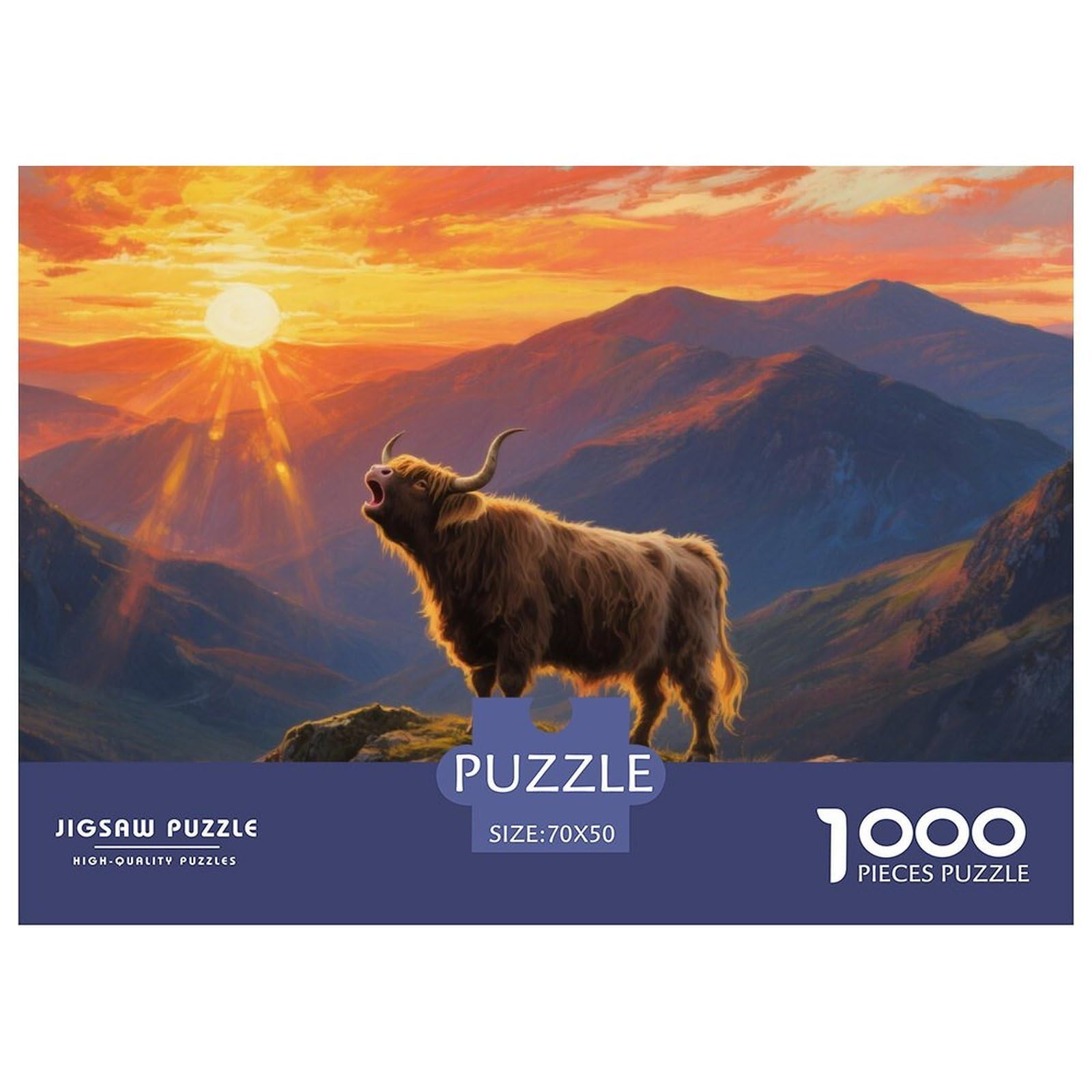 Puzzle Highland Cattle 1000 Pieces Challenge Toy for Adults,Sunset Mountain Impossible Jigsaw Puzzles 1000 Pieces Educational Game Home Decoration 70x50cm/1000pcs — image 1