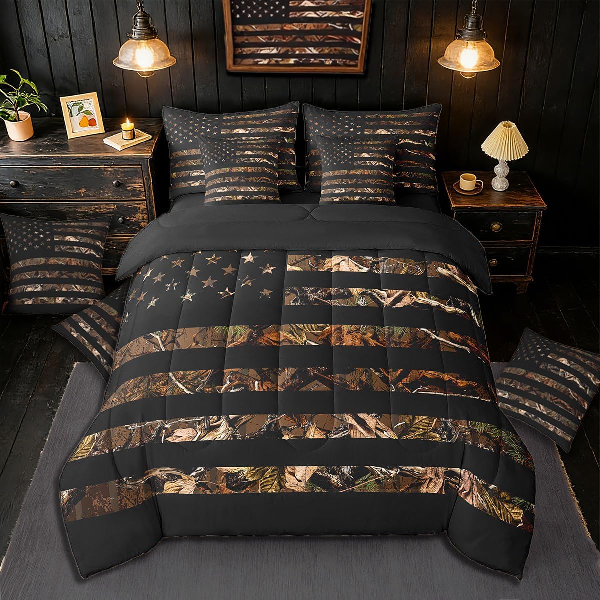 Feelyou American Flag 7 Pieces Bedding Set, Queen Brown Camouflage Botancial All Season,Bed in a Bag with Comforter, Sheets, Pillowcases Branch Hunting Bed Set Breathable Camouflage Hunter Room Decor
