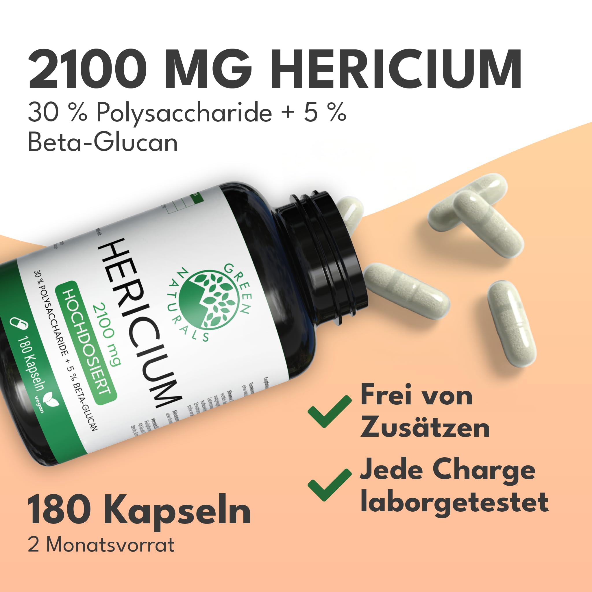Green Naturals® Lions Mane – 2100 mg Hericium Erinaceus Extrakt pro Tag – 30% Polysaccharide + 5% Beta-Glucan – Löwenmähne Vitalpilz, vegan & ohne Zusätze – Made in Germany – 180 Kapseln