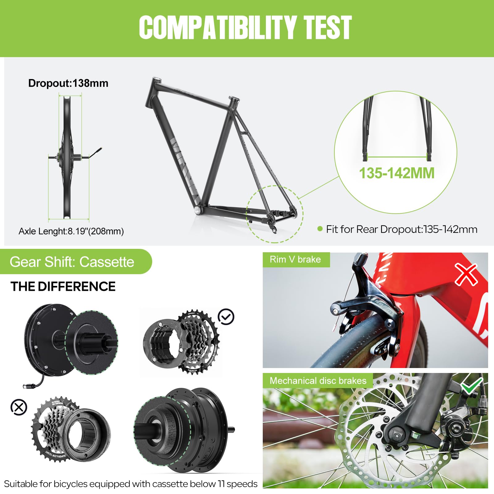 48V-1OOOW Motor Buje Trasero 27,5" 29"Kit Conversión Bicicleta Eléctrica | Varstrom JYLT Kit Ebike 26 27,5 28 29 Pulgadas 700C Motor Buje Trasero con Controlador & Pantalla. Cassette Freno Disco MTB
