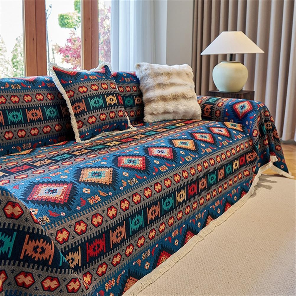 Morbuy Sofa Cover with Tassel for 1 2 3 4 Seater, Cotton Linen All-Season Protection AB Sided Throw Slipcover for Corner Sofa Couch Cover for Living Room (blue boho,90x90cm)