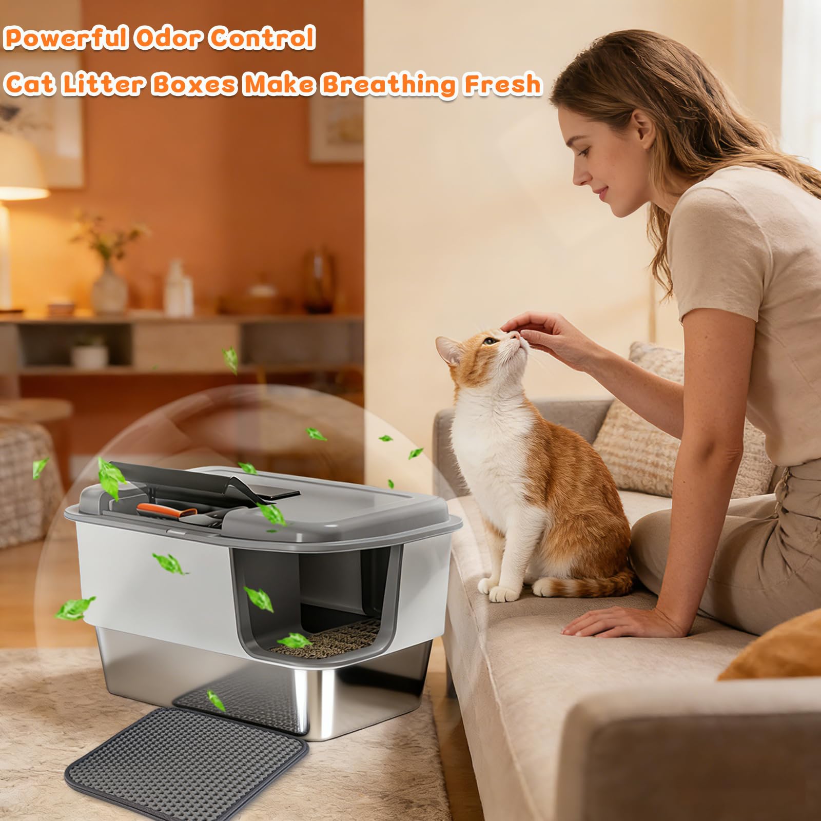 XXL Stainless Steel Litter Box With Litter Mat and Litter Scoop , Extra Large 25.98"L*18.5"W*15.35"H Cat Litter Boxs, Jumbo Enclosed Removable Litter Box High Sides For Big Cats, Easy to Clean（Gray） - image 7