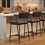 IDEALHOUSE Comfortable Modern Counter Height Bar Stools Set – Upholstered Wide Brown Leather Seat, Armrests & Back, Sturdy Metal Frame with Footrest, Easy Assembly – Ideal for Kitchen Island, Brown
