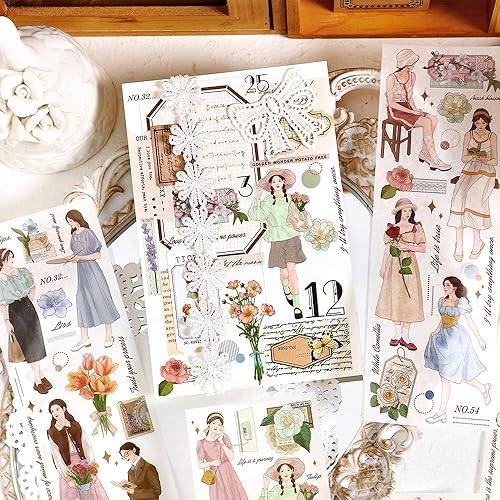 Miniatura 4 de Dwpetzo Calcomanías para álbumes de recortes para diario de viñetas, 24 hojas Morandi Girls Flowers Retro Aesthetic Stickers Set de calcomanías para