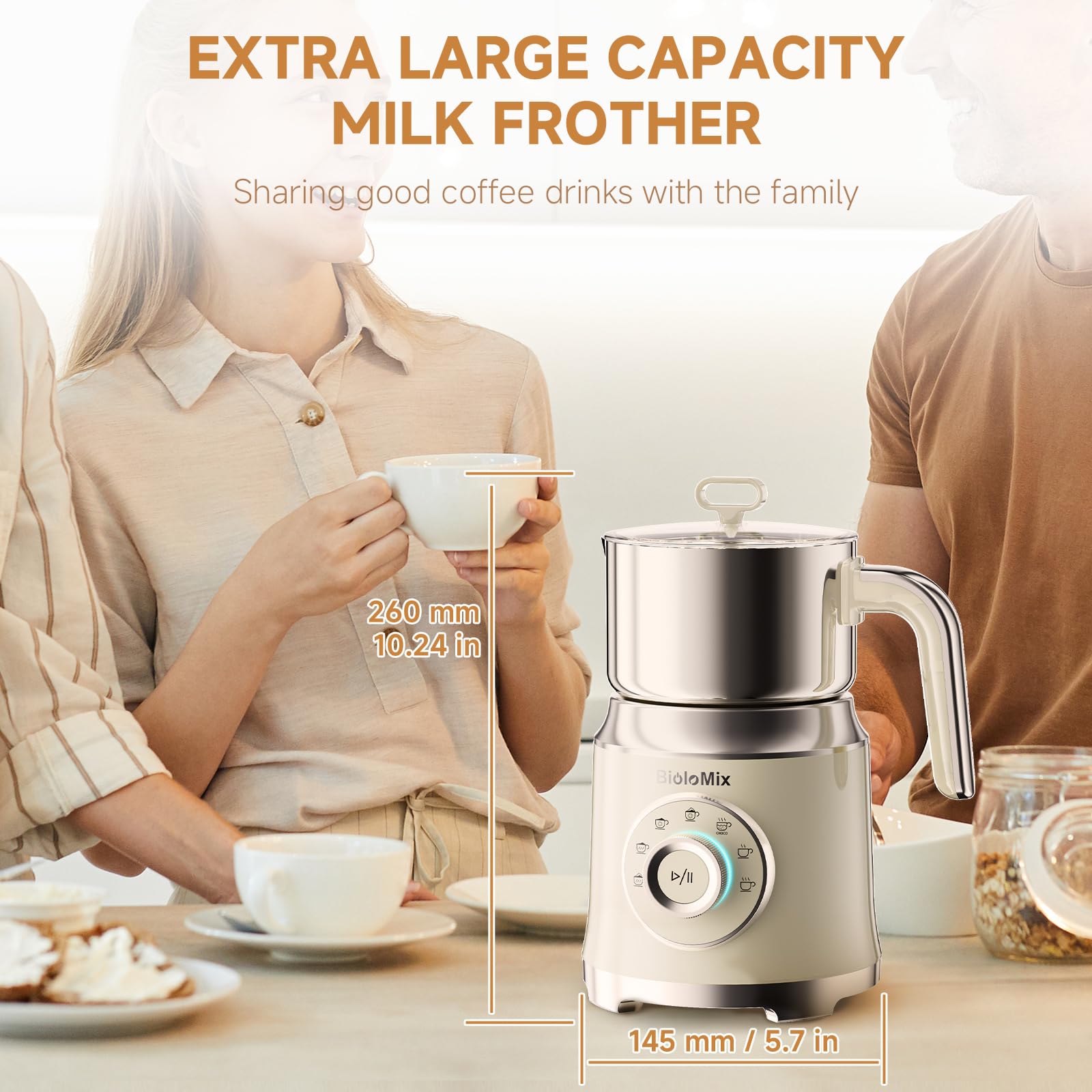 Biolomix Elektryczny spieniacz do mleka 7 w 1, silnik 600 W | Duża pojemność 800 ml, regulowana temperatura spieniacza do mleka i parowaru do latte macchiat(BM201)