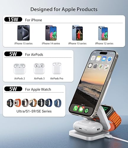 Miniatura 4 de Cargador inalámbrico magnético, estación de carga inalámbrica plegable 3 en 1, soporte de cargador inalámbrico rápido para iPhone 15 14 13 12 Pro