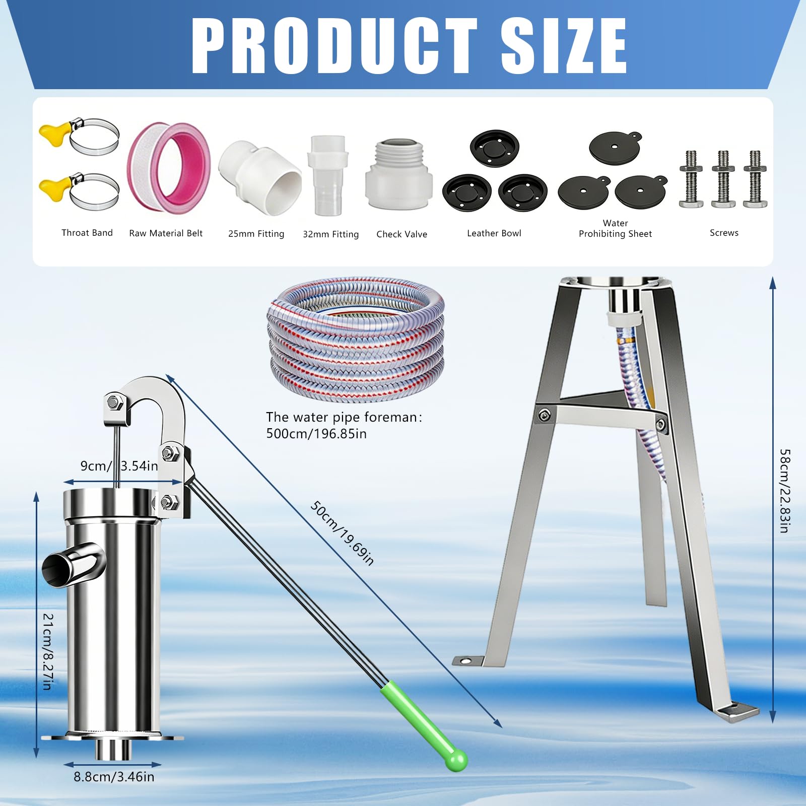 BRGD Bomba de Pozo Manual, Bomba de Agua SubterráNea DoméStica de Acero Inoxidable con Manguera de 5m, Soporte de Montaje y Kit de Accesorios para Casas, Jardines Domésticos