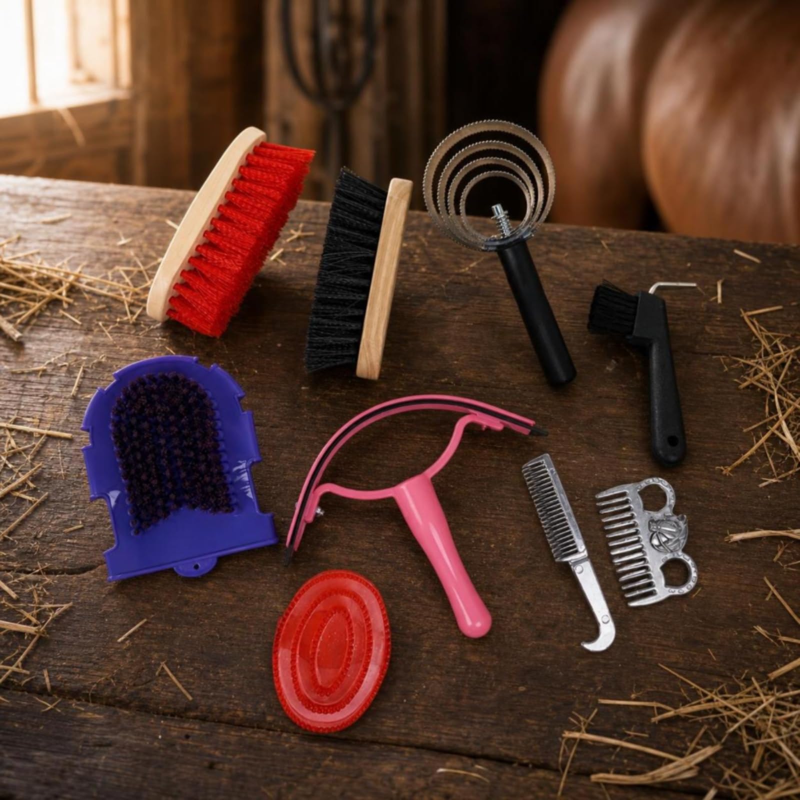 Set Spazzole per Cavalli Kit Toelettatura Equina Pettine Striglia Cardatore con Manici in Legno E Pettini in Metallo con Sacca Trasparente Adatto per Viaggio Pulizia Maneggio