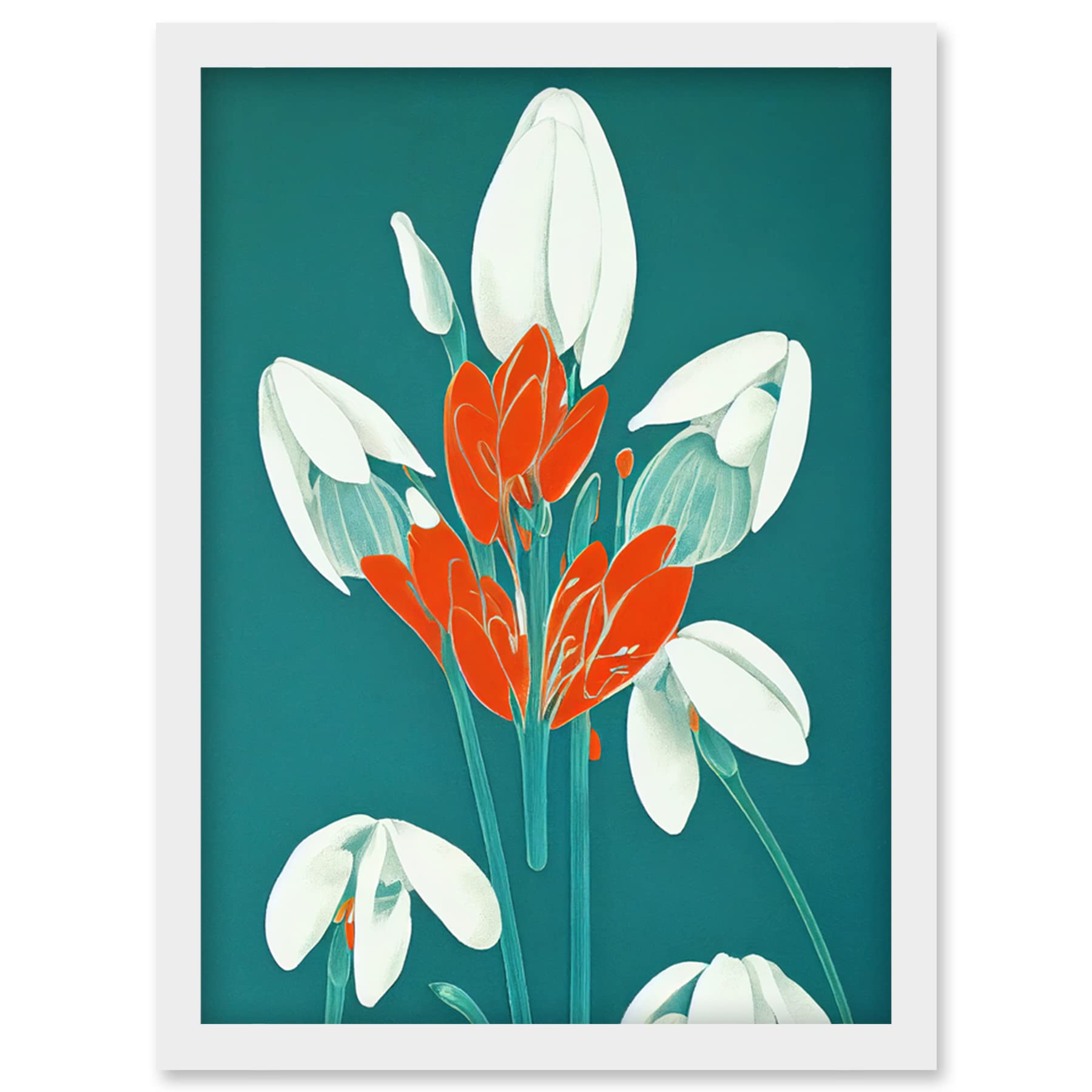 Wee Blue Coo Abstract Snowdrops Red Flowers on Teal Retro Mid Century Style Artwork Framed Wall Art Print A4