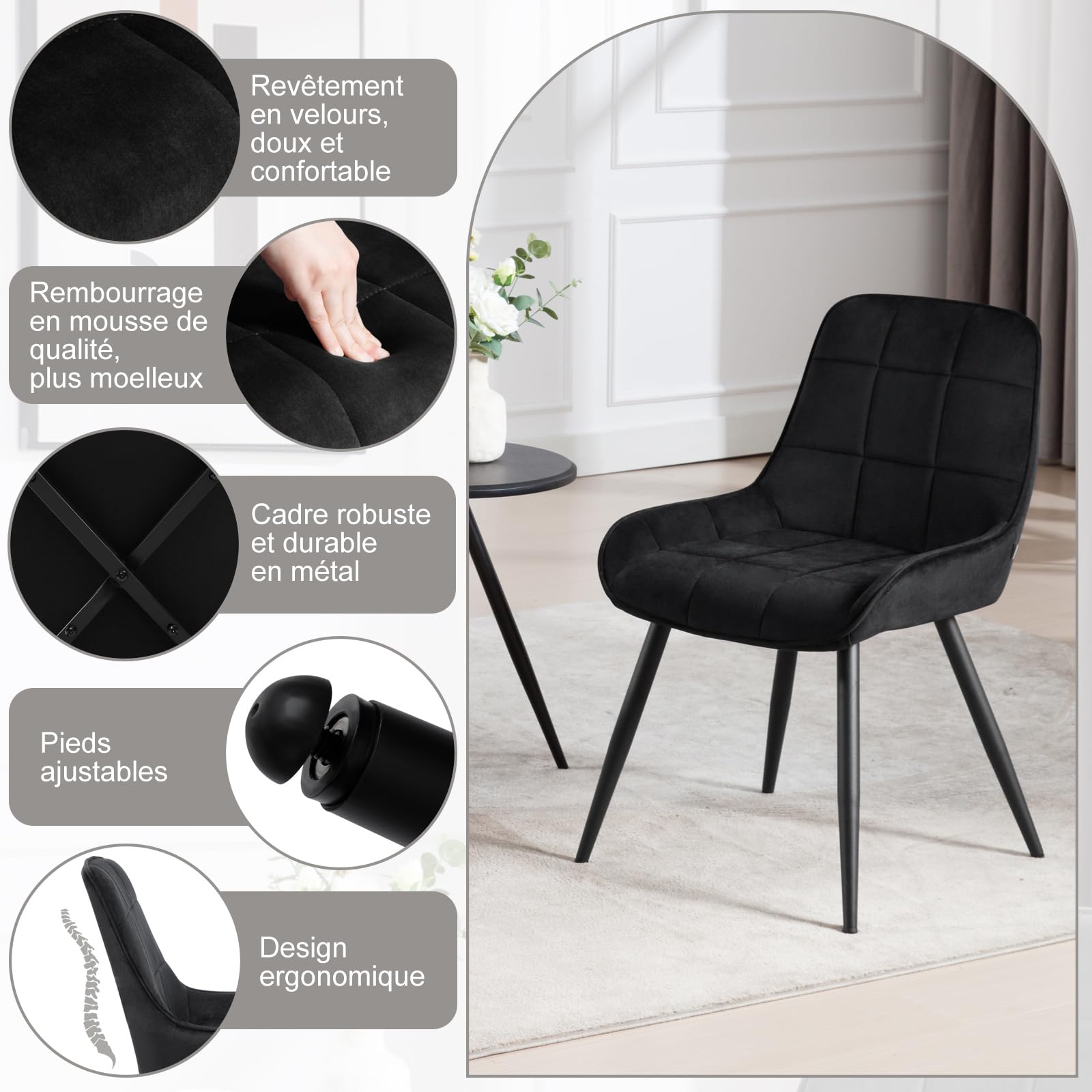 WOLTU Lot de 6 Chaises de Salle à Manger, Chaises Relaxantes en Velours, pour Salon, Salle de séjour, Cuisine, Chambre à Coucher,Noir, BH331sz-6
