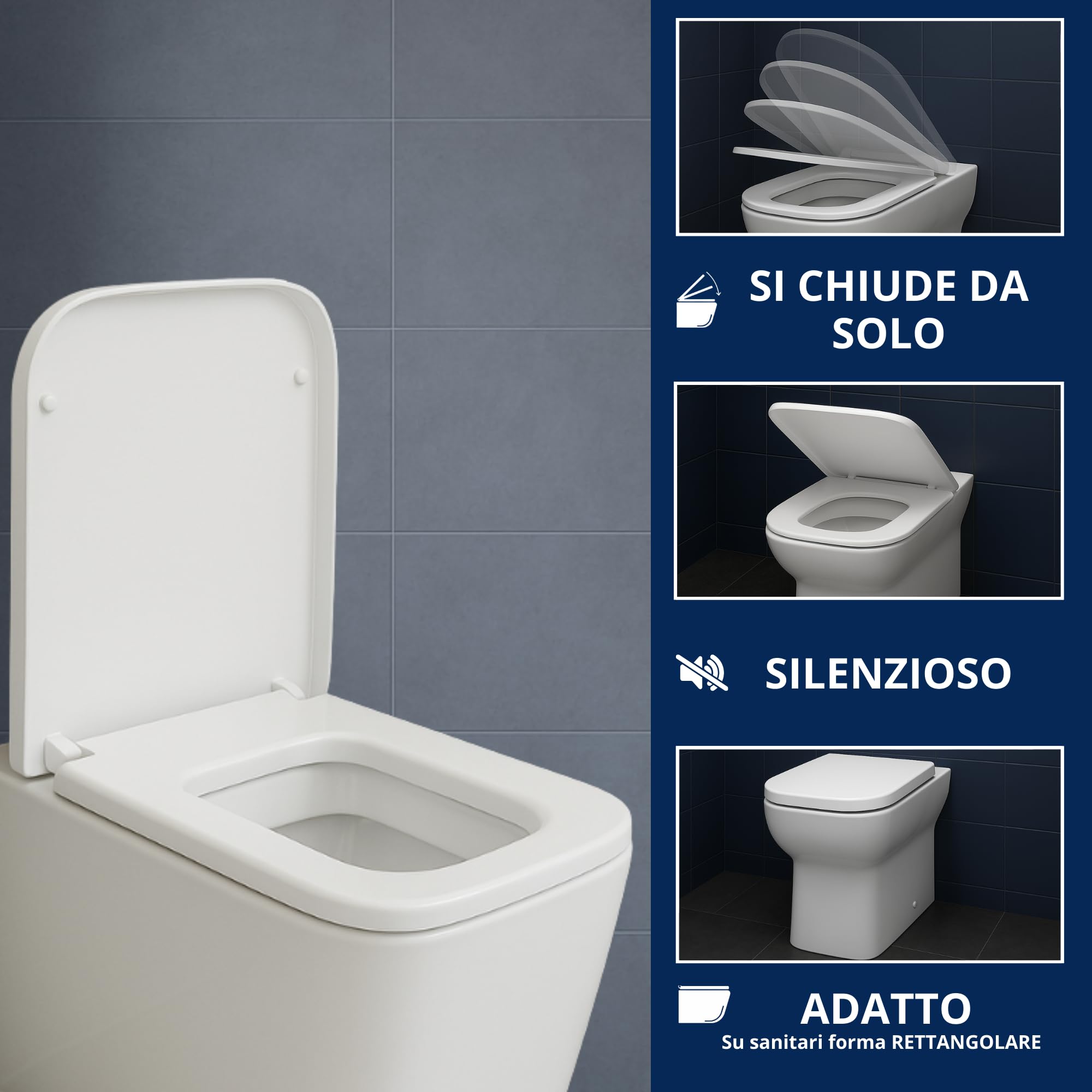 HYDRO HOME Copriwater Rettangolare HH313 Universale Compatibile con Vari Modelli, Tavoletta WC in Plastica Termoindurente, Antibatterico, Cerniere Regolabili Soft Close, Bianco (Chiusura ammortizzat)