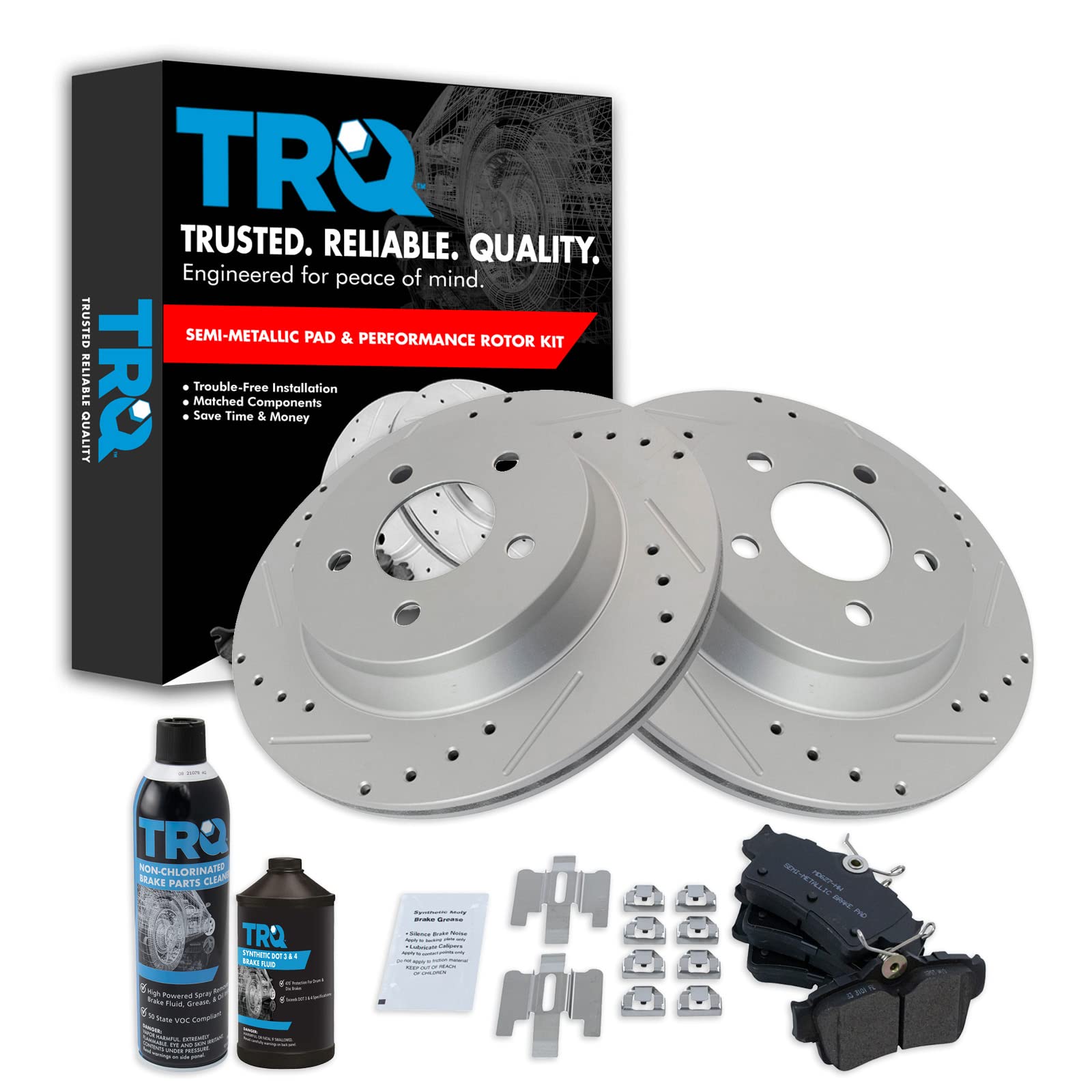 TRQ Rear Performance Brake Pad &amp; Rotor Kit, with Chemical Kit Semi-Metallic Premium G-Coated Compatible with 1994-2004 Ford Mustang