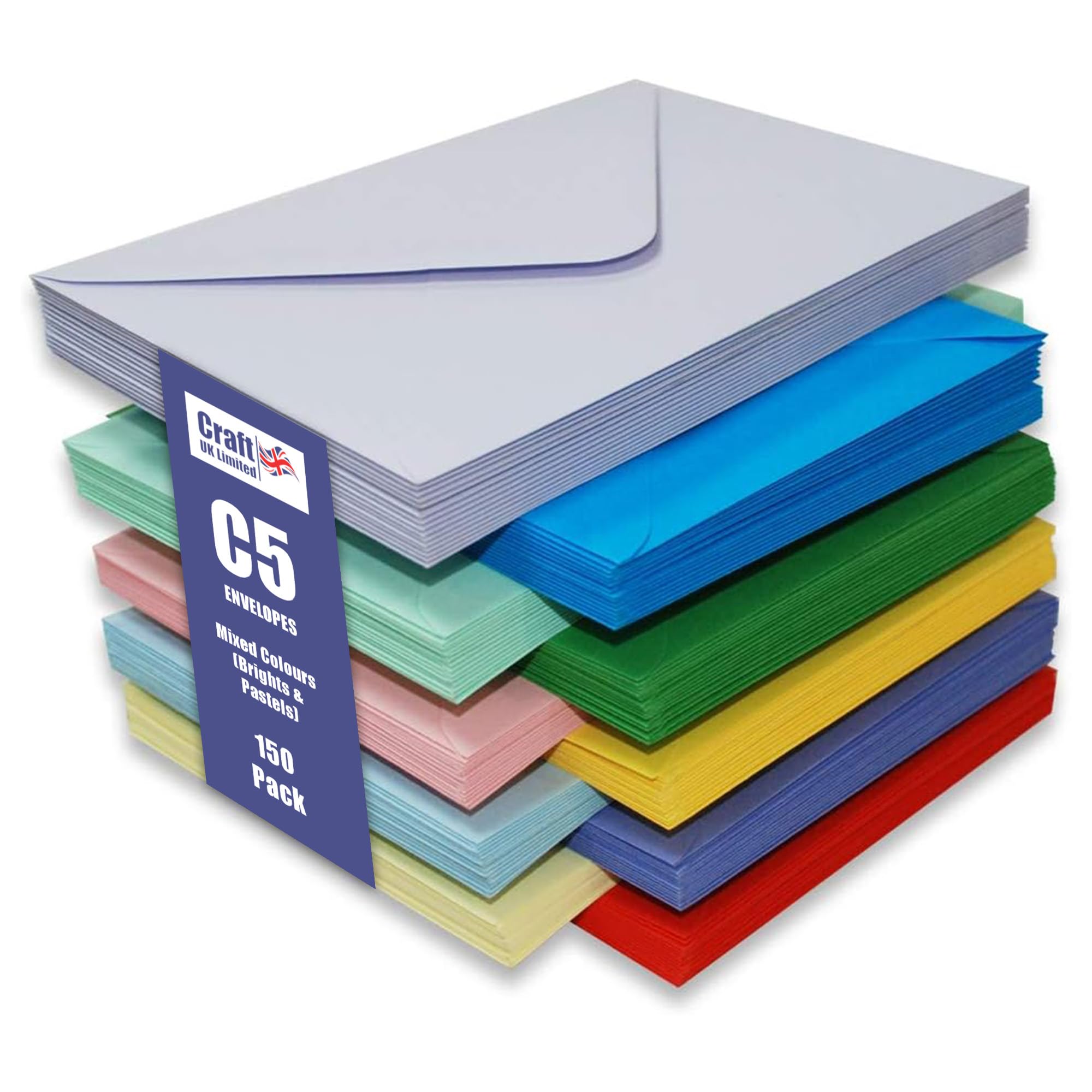 Craft UK, 150 C5 Envelopes for Card Making, Invitations, and More, 80gsm, Made in the UK, Lasting Quality, Brights & Pastels (15 x 10 Assorted Colours)