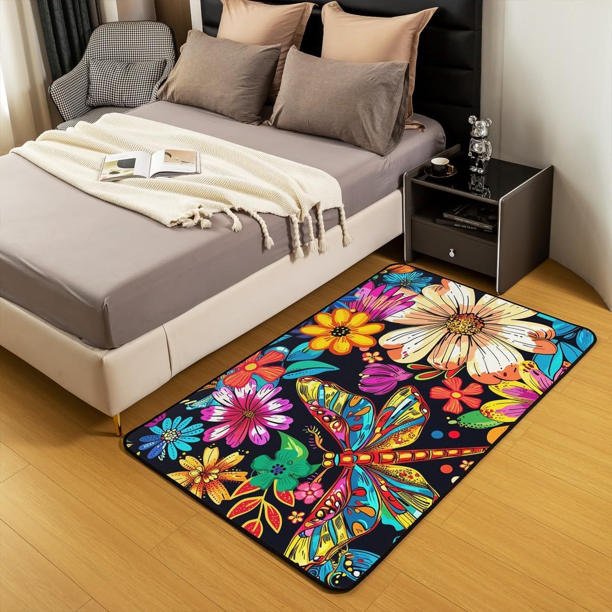 Erosebridal Dragonfly Area Rug 3x5 Colorful Daisy Floral Carpet Nature Animal Flowers Theme Indoor Floor Mat for Kids Boys Girls Bohemia Watercolor Style Decorative Rug for Dining Room Under Table